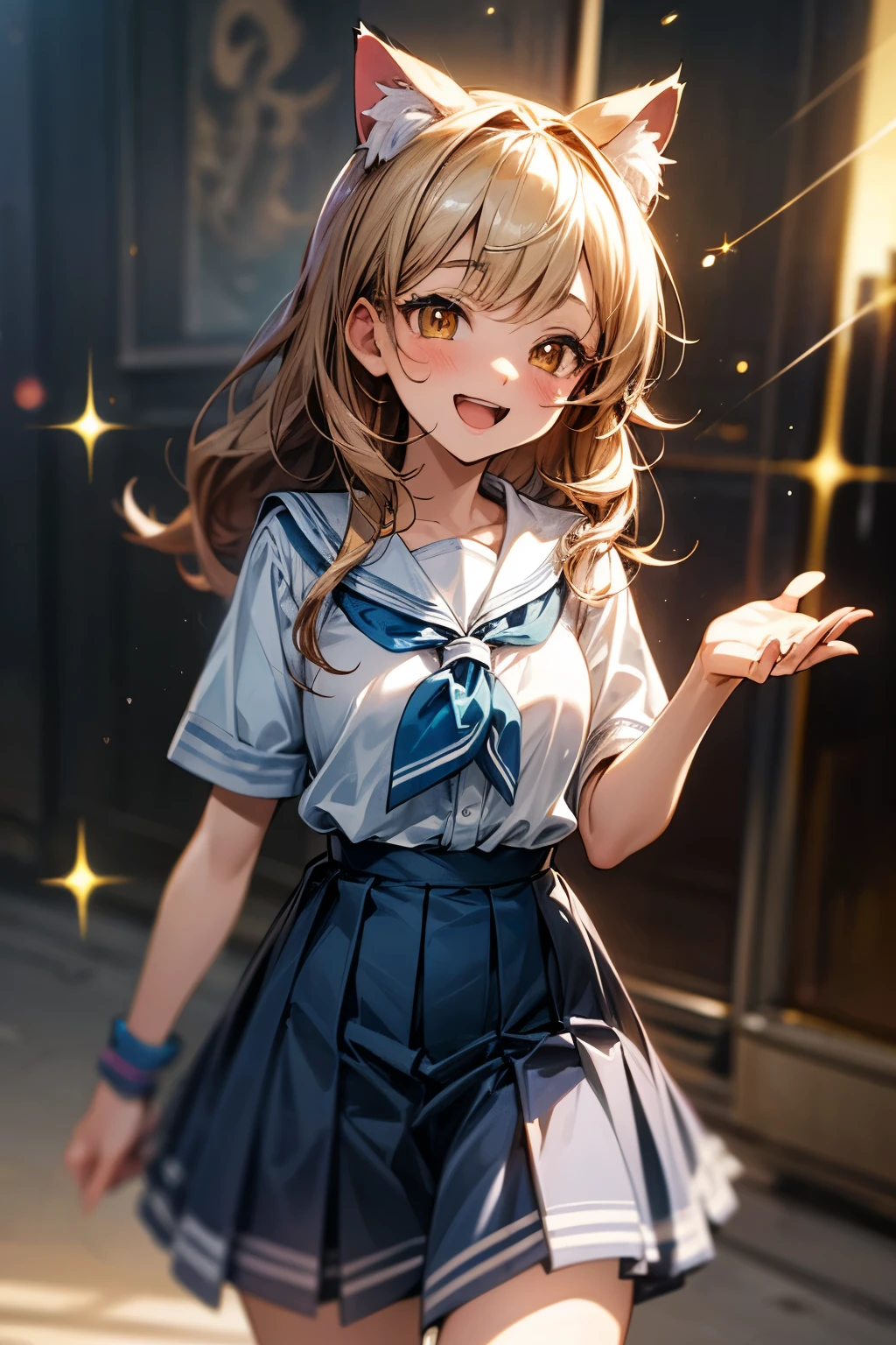 ((Masterpiece)), (Anime:1.5), ((best quality)), (Professional Photography:1.3), (High Definition), (RAW photo:1.2), (12 years old), 8K, cowboy shot, cinematic lighting, portlate, (Very unruly hair), Glossy skin, (Walking happily), In front of Cinderella's Castle, (slightly exposed small breast), (dirty white school uniform), (Pupils sparkling:1.5), Slender body, small breasts, Open mouth, (laughing face) Slum cityscape, Textured skin, Cat ears, Pale brown hair, Cute Beautiful Girl,