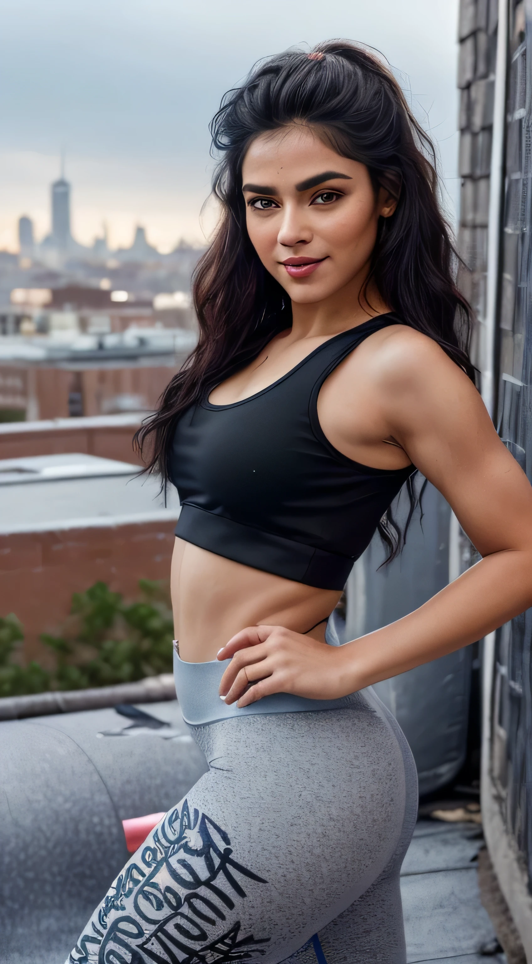 Indian Gym girl posing for photo wearing ( sleek leggings, a crop top, and stylish sneakers) , 26years old, 8k, high quality, super detail, masterpiece detail brown eyes,cute face((freckles:0.4), high detailed skin:1.4), detailed lips, full body, black, medium jet black hair, smile as heavenly angel, (light smile:0.2), textured body, cutest belly, medium smooth and firm, round perfect ass, small nails, her lips are as beautiful rose pattles ,Very beautiful girly figure， solo, model, eye shadow, blush, determined ,seductive gaze, Pure desire, detailed natural skin texture, dr, (MASTERPIECE:1.2),(CGI ART:1.3),(REALISTIC:1.5),(POST PROCESSING:1.3),(SHARP FOCUS:1.3),8K, ((hospital clothes)), ((view from above)),(detailed face:1.2), (high shadows detail:1.2),(ILLUSTRATION:1.2), ((HDR)), detailed lighting, shallow depth of field, rosebush，gym track pant and top,((( graffiti-covered alley or a rooftop gym overlooking the city skyline IN Background)))