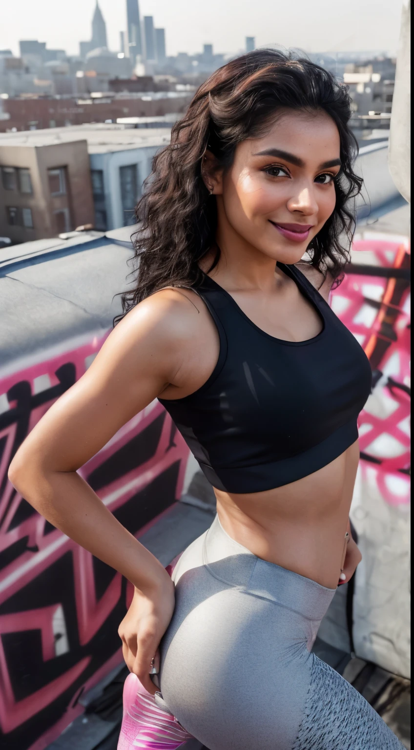 Indian Gym girl posing for photo wearing ( sleek leggings, a crop top, and stylish sneakers) , 26years old, 8k, high quality, super detail, masterpiece detail brown eyes,cute face((freckles:0.4), high detailed skin:1.4), detailed lips, full body, black, medium jet black hair, smile as heavenly angel, (light smile:0.2), textured body, cutest belly, medium smooth and firm, round perfect ass, small nails, her lips are as beautiful rose pattles ,Very beautiful girly figure, solo, model, eye shadow, blush, determined ,in love,,seductive gaze, Pure desire, detailed natural skin texture, dr, (MASTERPIECE:1.2),(CGI ART:1.3),(REALISTIC:1.5),(POST PROCESSING:1.3),(SHARP FOCUS:1.3),8K, ((hospital clothes)), ((view from above)),(detailed face:1.2), (high shadows detail:1.2),(ILLUSTRATION:1.2), ((HDR)), detailed lighting, shallow depth of field, rosebush,gym track pant and top,((( graffiti-covered alley or a rooftop gym overlooking the city skyline IN Background)))