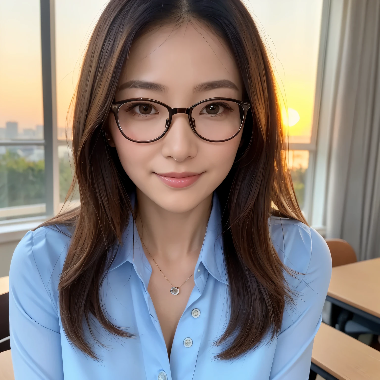 (highest quality、table top、8k、best image quality、Award-winning work)、one beautiful woman、(50 year old mature woman:1.1)、(wrinkled face:1.1)、alone、perfect beautiful composition、most detailed perfect face、emphasize body line、(Elegant formal blouse:1.1)、(romantic and vivid sunset:1.u can see the natural scenery outside the window:1.1)、epic movie lighting、(perfect round elegant glasses:1.1)、(straight long hair:1.1)、slender body、small cleavage、look at me and smile、The most natural and perfect high school classroom background、Strongly blurred background、The most natural and perfect regular desk and chair arrangement、natural makeup、Ultra high definition beauty face、ultra high definition hair、Beautiful eyes in super high resolution、(Ultra-high-definition skin beauty:1.1)、Super high resolution glossy lips、accurate anatomy、ultra high definition hair、(close up of face:1.4)、(Beautiful skin with strong illumination:1.1)