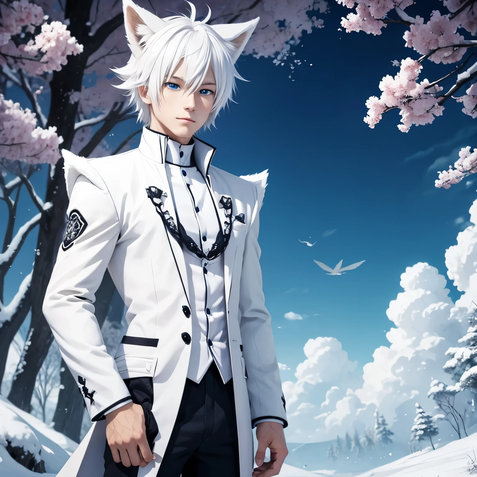 Anime Fox boy, white hair, 9 white tails, blue eyes,