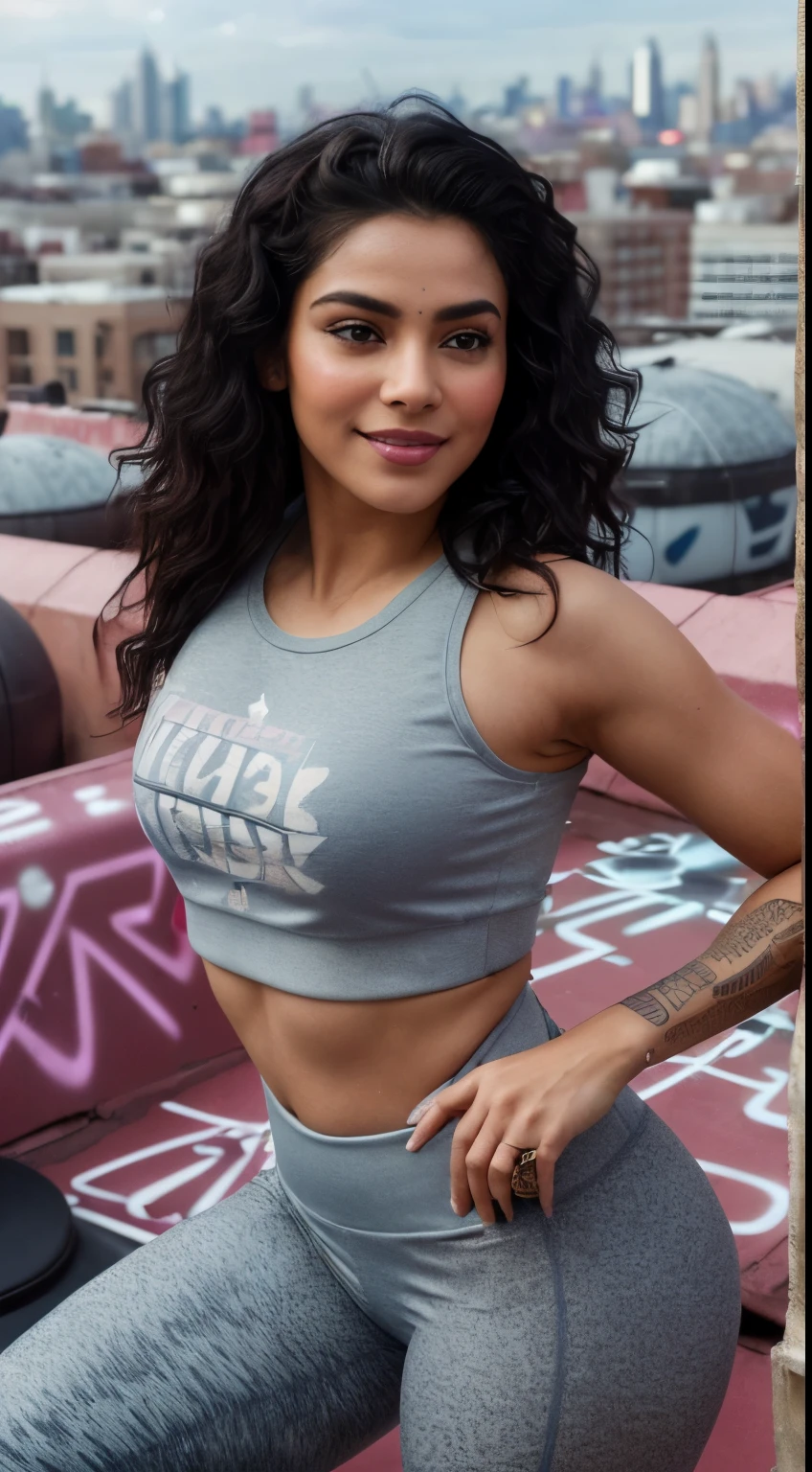 Indian Gym girl posing for photo wearing ( sleek leggings, a crop top, and stylish sneakers) , 26years old, 8k, high quality, super detail, masterpiece detail brown eyes,cute face((freckles:0.4), high detailed skin:1.4), detailed lips, full body, black, medium jet black hair, smile as heavenly angel, (light smile:0.2), textured body, cutest belly, medium smooth and firm, round perfect ass, small nails, her lips are as beautiful rose pattles ,Very beautiful girly figure， solo, model, eye shadow, blush, determined ,in love,,seductive gaze, Pure desire, detailed natural skin texture, dr, (MASTERPIECE:1.2),(CGI ART:1.3),(REALISTIC:1.5),(POST PROCESSING:1.3),(SHARP FOCUS:1.3),8K, ((hospital clothes)), ((view from above)),(detailed face:1.2), (high shadows detail:1.2),(ILLUSTRATION:1.2), ((HDR)), detailed lighting, shallow depth of field, rosebush，gym track pant and top,((( graffiti-covered alley or a rooftop gym overlooking the city skyline IN Background)))