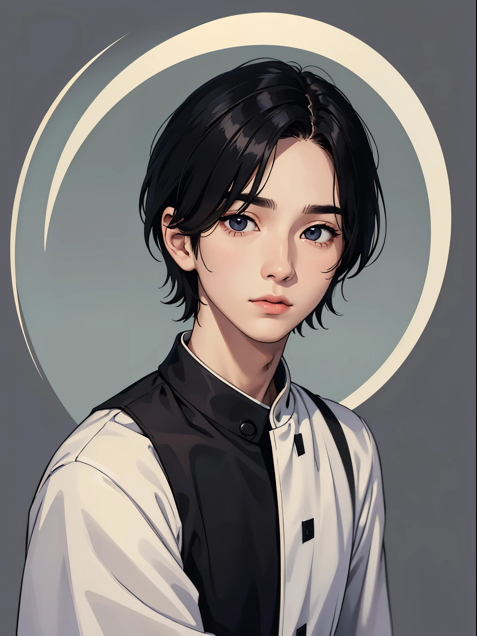 1boy, black hair, short hair, grey eyes, detailed eyes,solo focus, simple background, male focus, solo, standing, sung jinwoo, portrait,, (masterpiece:1.0), (best quality:1.0), (8k wallpaper:1.0), (beautiful detailed face:1.0), (detailed deep eyes),  deep eyes,looking at viewer,