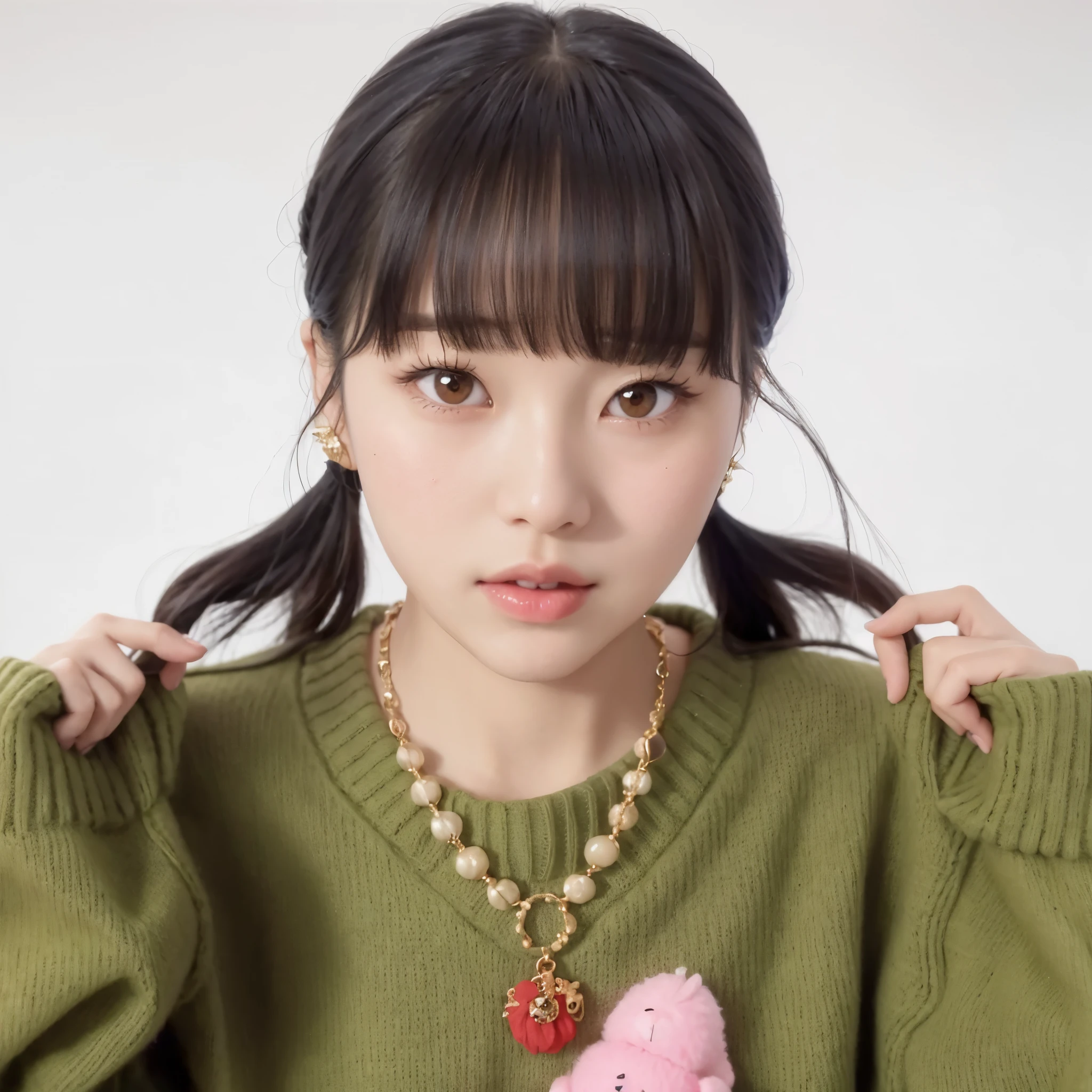 a close up of a woman with a necklace and a sweater, chiho, with bangs, she has black hair with bangs, lalisa manobal, neat hair with bangs, lulu chen, shikamimi, sha xi, pigtails hairstyle, ruan cute vtuber, wan adorable korean face, with full bangs, jaeyeon nam, gongbi