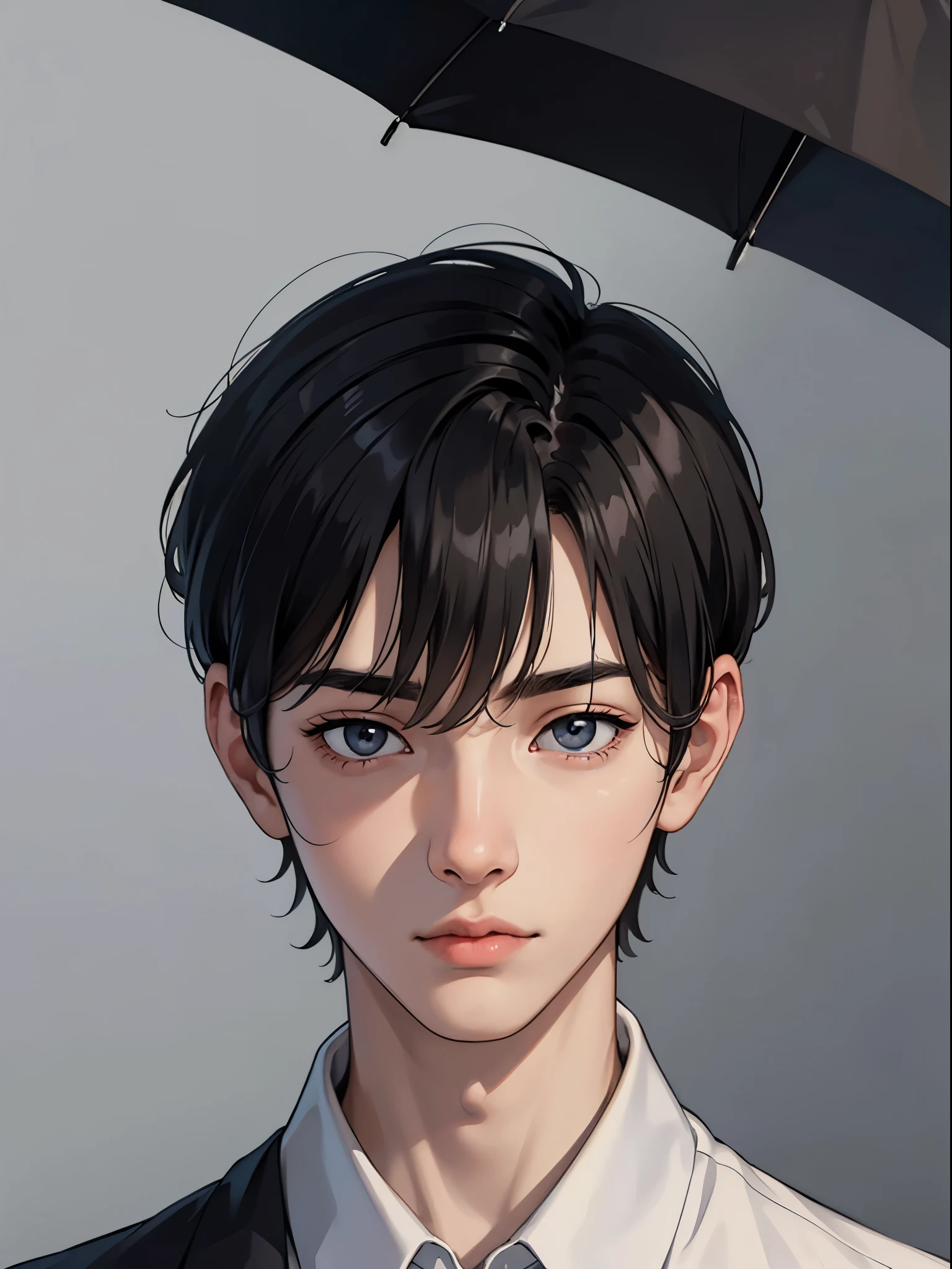 1boy, black hair, short hair, grey eyes, detailed eyes,solo focus, simple background, male focus, solo, standing, sung jinwoo, portrait,, (masterpiece:1.0), (best quality:1.0), (8k wallpaper:1.0), (beautiful detailed face:1.0), (detailed deep eyes), deep eyes,looking at viewer,