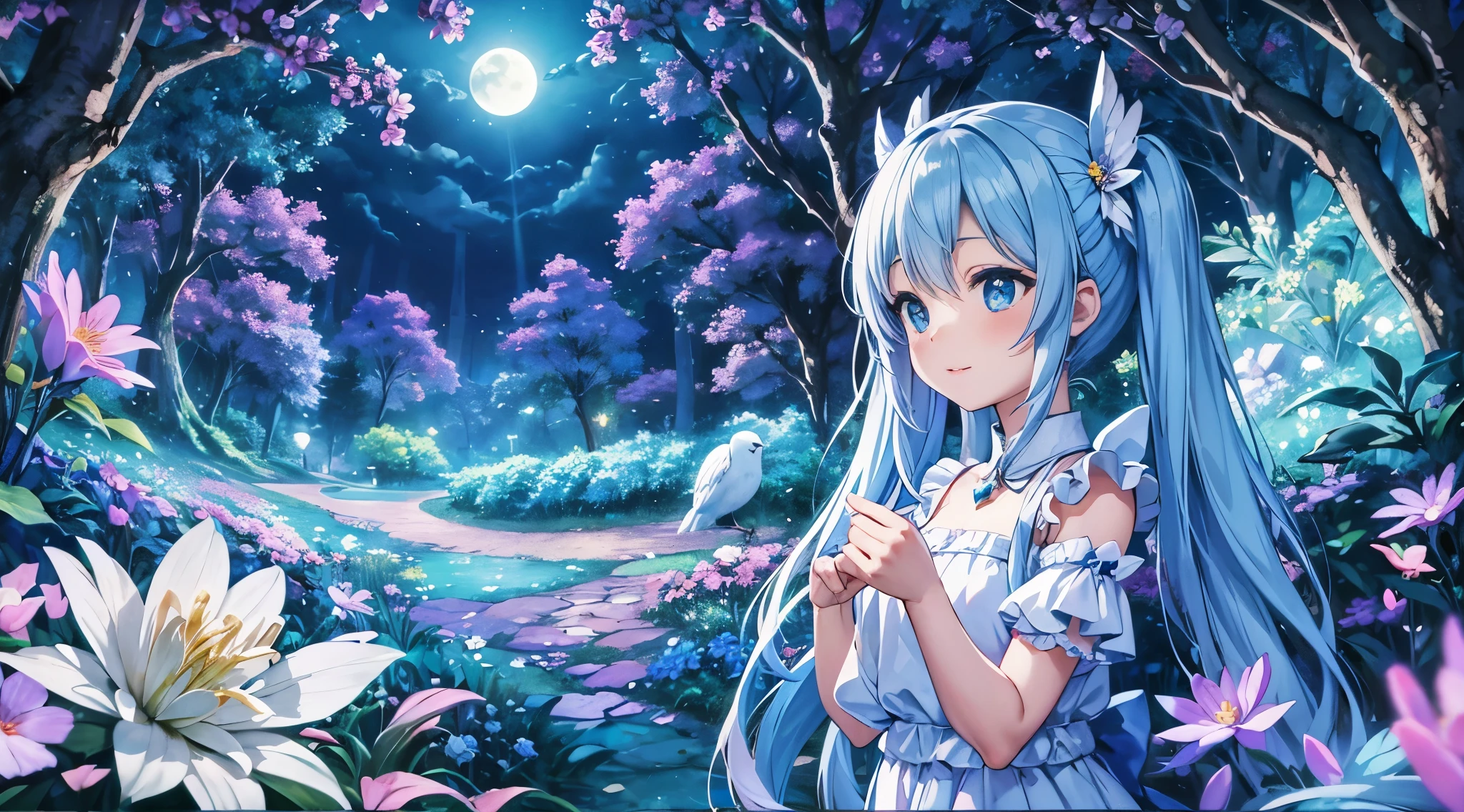 dynamic angle、 in the magical forest, A mysterious fairy girl appears, light blue long hair、The hairstyle is twintails、adorable smile、Moonlight twinkle,  flowers bloom、A big pure white owl is flying、、wood々While fluttering among the shining fireflies, Many beautiful flowers are blooming、fantastic scenery、A sky full of stars twinkles、 Creating a field where dreams and reality intersect，