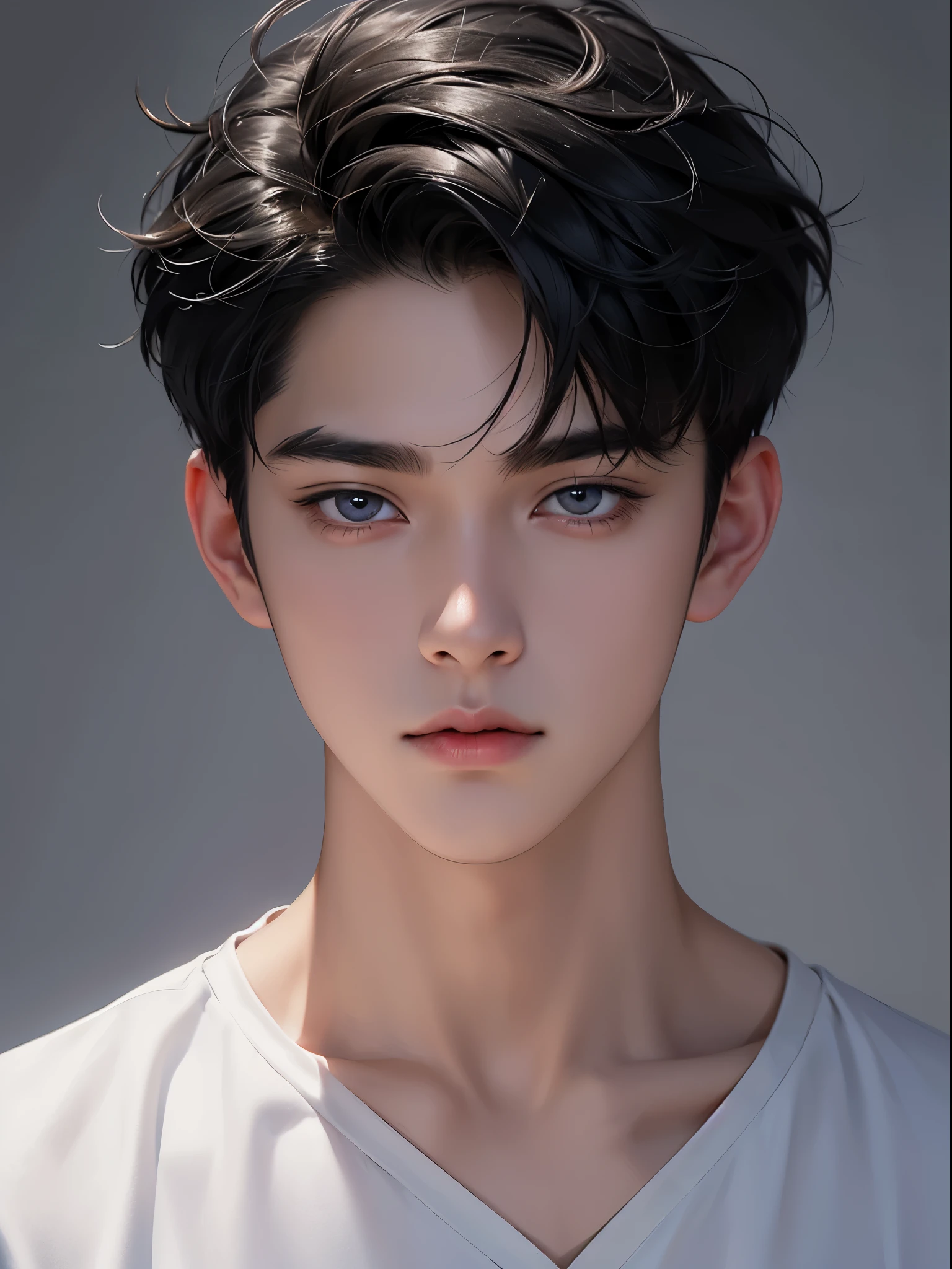 1boy, black hair, short hair, grey eyes, detailed eyes,solo focus, simple background, male focus, solo, standing, sung jinwoo, portrait,, (masterpiece:1.0), (best quality:1.0), (8k wallpaper:1.0), (beautiful detailed face:1.0), (detailed deep eyes),  deep eyes,looking at viewer,