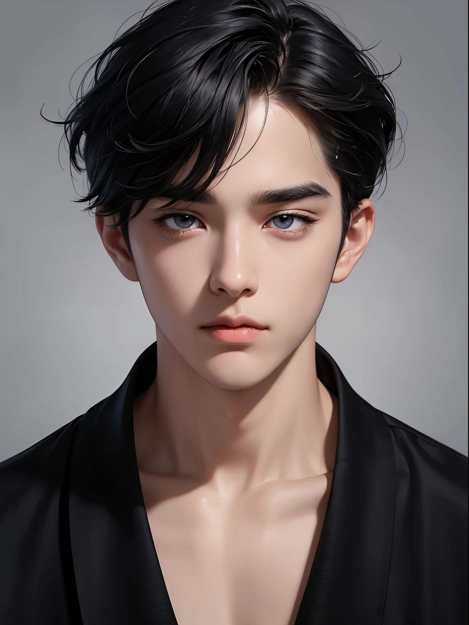 1boy, black hair, short hair, grey eyes, detailed eyes,solo focus, simple background, male focus, solo, standing, sung jinwoo, portrait,, (masterpiece:1.0), (best quality:1.0), (8k wallpaper:1.0), (beautiful detailed face:1.0), (detailed deep eyes), deep eyes,looking at viewer,
