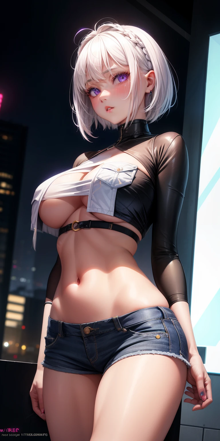 real, 1girl, White hair, Purple eyes, Glowing eyes, Crop top, A pocket, Parted lips, Blush, a night, big bare breasts