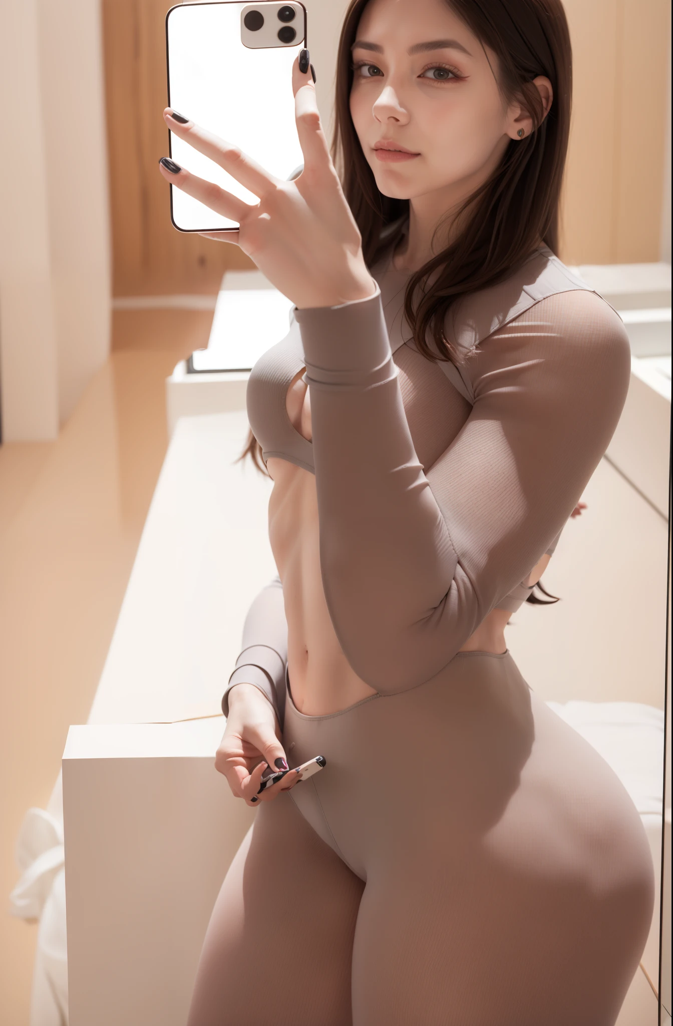 araffe woman in tight pants taking a selfie in a mirror, tight outfit, tight fit, fit pic, tight attire, anna nikonova aka newmilky, crop shirt and strong abs, fit girl, skinny waist and thick hips, tight shirt, by Emma Andijewska, wearing tight simple clothes, wearing tight shirt, angelina stroganova