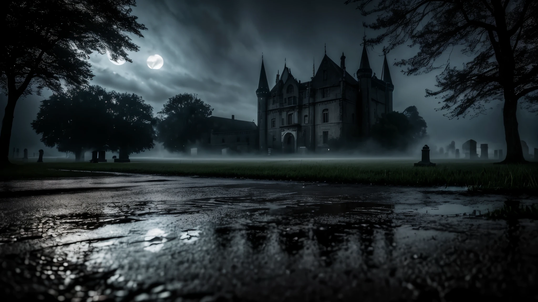 Haunted Old Castle seen up close in the middle of a cemetery. It&#39;s a very dark night and the sky is cloudy and there is fog in the place. There are puddles of water on the floor. cinematographic, 8k, RealisticCastelo Antigo Assombrado visto de perto no meio de uma floresta. It&#39;s a very dark night and the sky is cloudy and there is fog in the place. There are puddles of water on the floor. cinematographic, 8k, Realistic