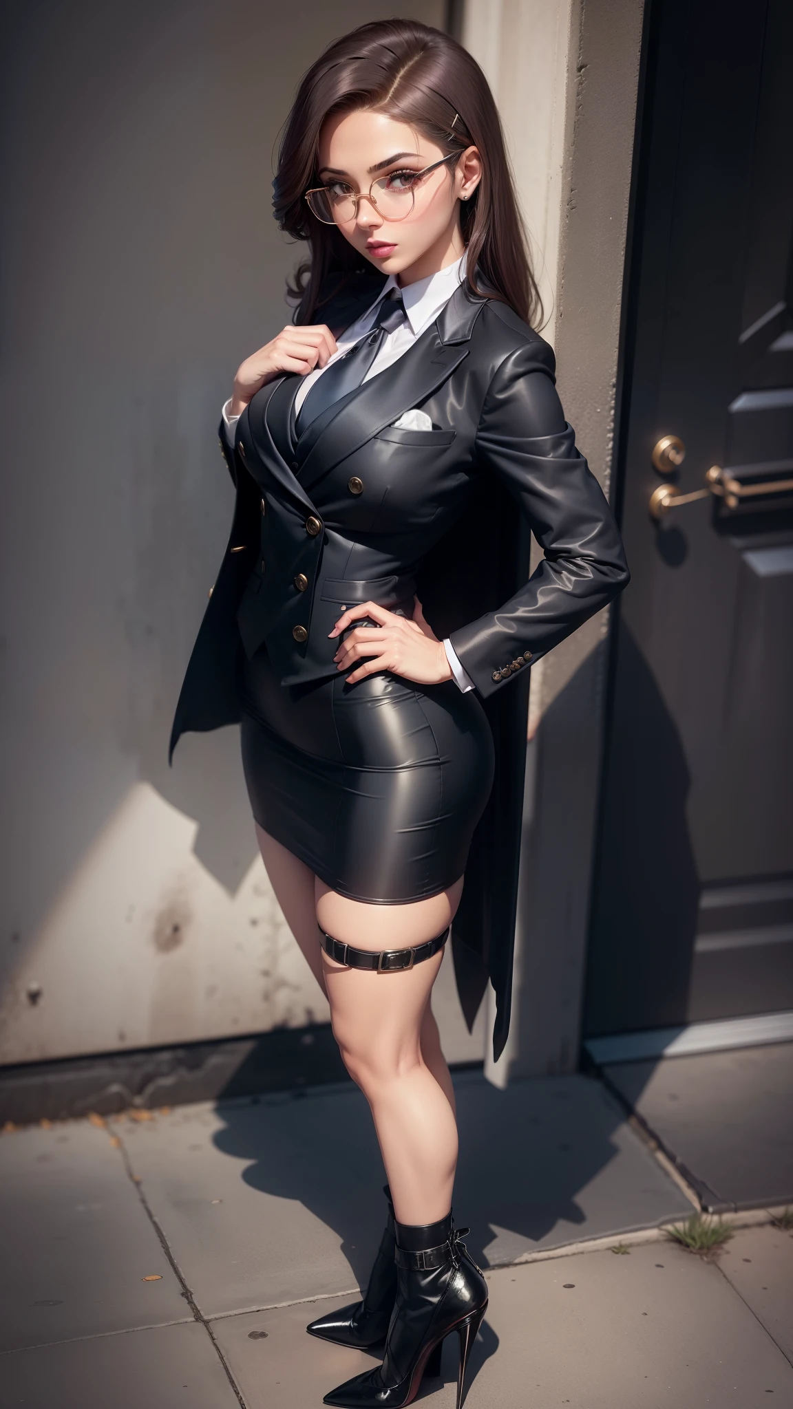 a cute secret agent,standing,high heels,hair clip,skirt suit,(three-piece suit:1.3),necktie,blazer,((suit jacket)),((waistcoat)),double-breasted waistcoat,(bodycon miniskirt),perfect ,tie clip,pocket square,pocket watch,pantyhose,glasses,makeup,lipstick