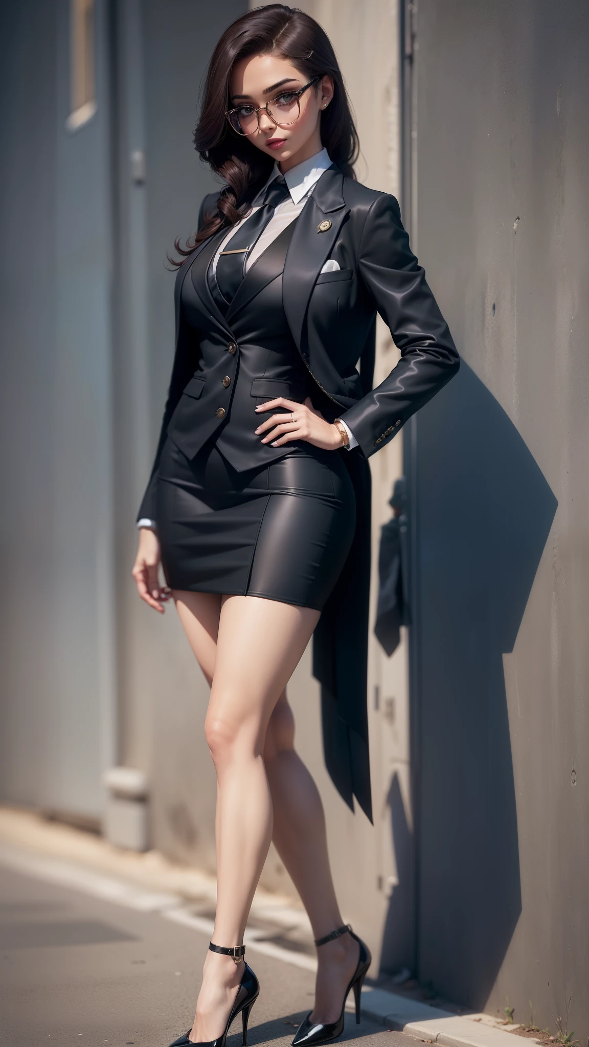 a cute secret agent,standing,high heels,hair clip,skirt suit,(three-piece suit:1.3),necktie,blazer,((suit jacket)),((waistcoat)),double-breasted waistcoat,(bodycon miniskirt),perfect ,tie clip,pocket square,pocket watch,pantyhose,glasses,makeup,lipstick
