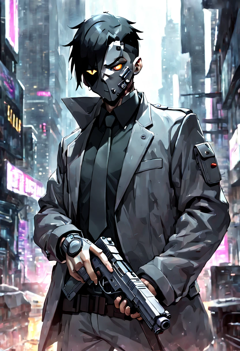 Digital painting of a {(((secret agent's face))), {(((one eye is looking towards camera but face is away))), {(((holding a silenced pistol in his hand and finger on trigger))), cyberpunk clothing, futuristic city background}}, volumetric lighting, ambient occlusion, professional photograph, highly detailed