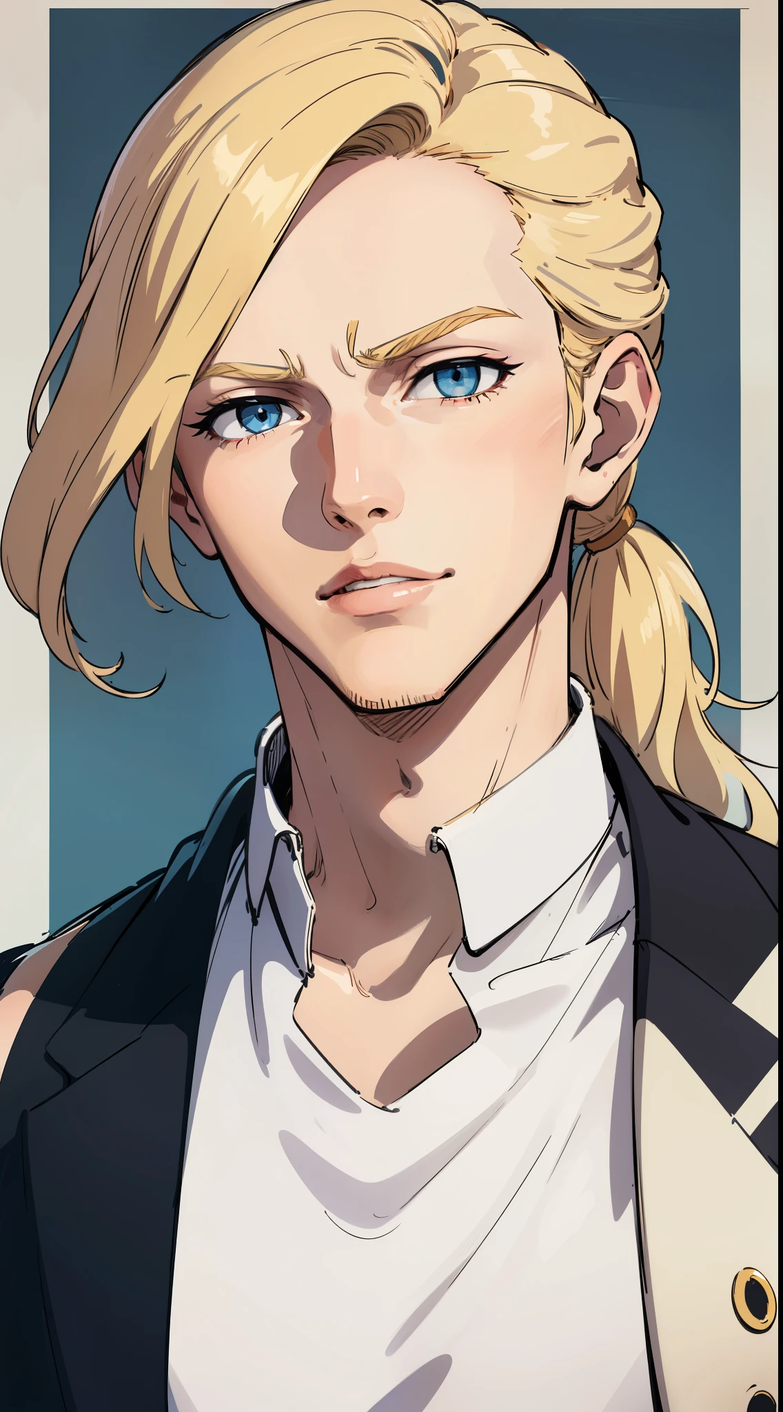 (masterpiece, absurdres, highres, ultra detailed), 1man, wavy blonde hair, adult, blue eyes, ponytail, male focus,handsome face, casual clothes, charming, lovely, detailed eyes and face,