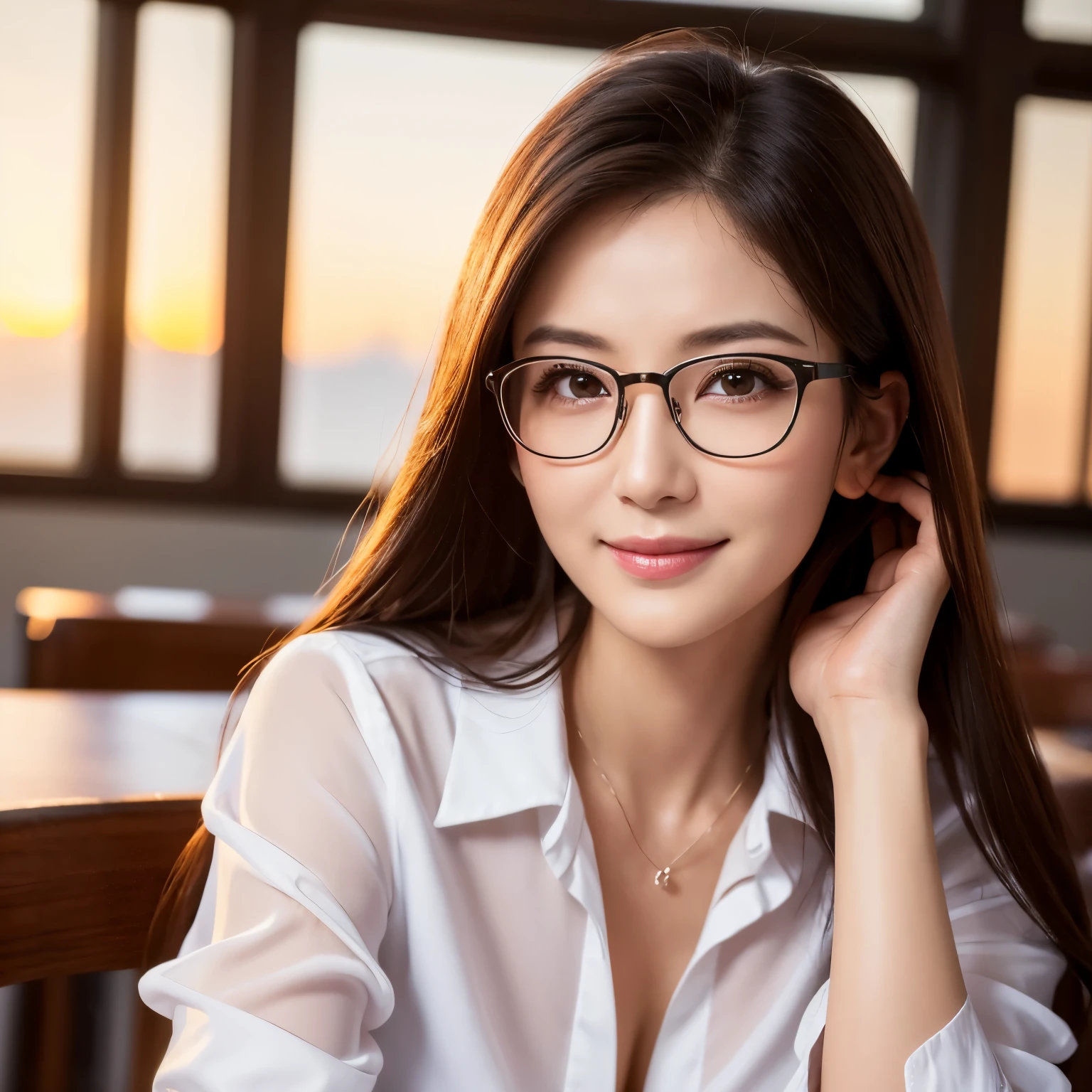 (highest quality、table top、8k、best image quality、Award-winning work)、one beautiful woman、(50 year old mature woman:1.1)、(wrinkled face:1.1)、alone、perfect beautiful composition、most detailed perfect face、emphasize body line、(Elegant formal blouse:1.1)、(romantic and vivid sunset:1.u can see the natural scenery outside the window:1.1)、epic movie lighting、(perfect round elegant glasses:1.1)、(straight long hair:1.1)、slender body、small cleavage、(A bewitching smile looking at me:1.1)、The most natural and perfect high school classroom background、Strongly blurred background、The most natural and perfect regular desk and chair arrangement、natural makeup、Ultra high definition beauty face、ultra high definition hair、Beautiful eyes in super high resolution、(Ultra-high-definition skin beauty:1.1)、Super high resolution glossy lips、(accurate anatomy:1.1)、ultra high definition hair、(close up of face:1.4)、(Beautiful skin with strong illumination:1.1)