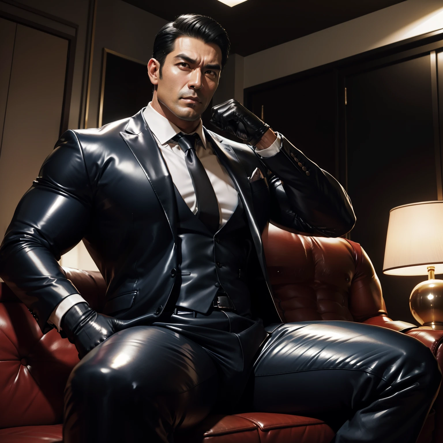 30 years old, daddy,"shiny suit ",Dad sat on sofa,k hd,in the office,"big muscle", gay ,black hair,asia face,masculine,strong man,the boss is,handsome,sex,leather gloves,lecherous dad,look straight ahead,"dad is handsome","gay dad","handsome","raise your hand"