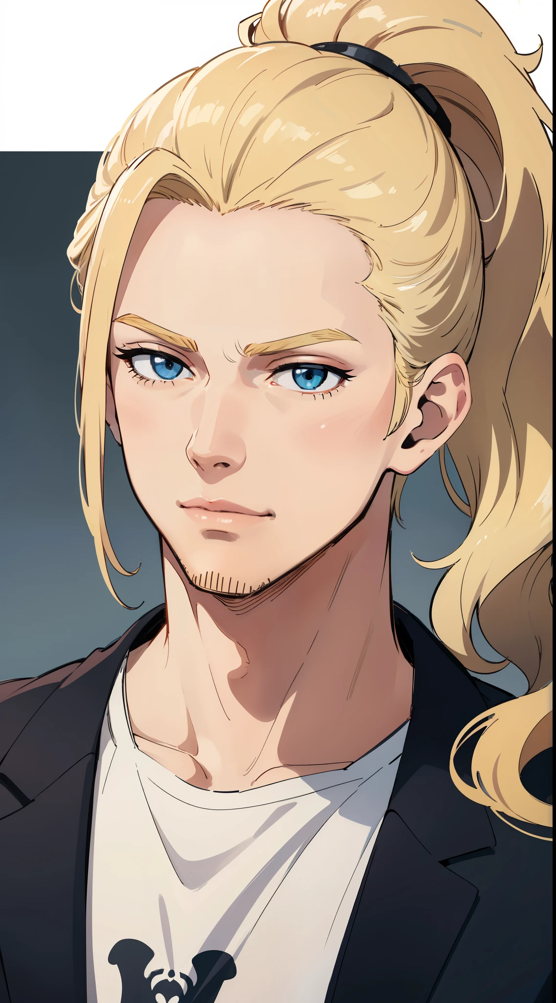 (masterpiece, absurdres, highres, ultra detailed), 1man, wavy blonde hair, adult, blue eyes, ponytail, male focus,handsome face, casual clothes, charming, lovely, detailed eyes and face,