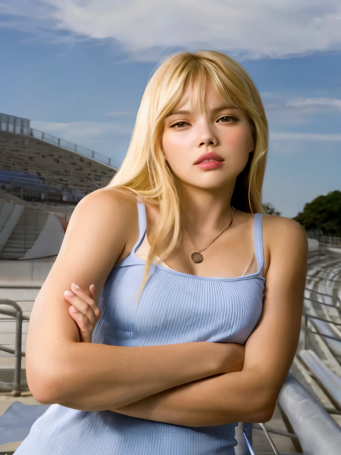 blonde woman in blue blouse standing in the stands with arms crossed, mulher intimidadora, promotion still, mas um olhar severo sobre ela, Annabeth Chase, jovem Scarlett Johansson, hanna montana, foto de jovem, standing in a stadium, foto promocional, em um campo de futebol, Garota bonita, in a threatening pose, ainda promocional, Gwen Stacy, garota atraente