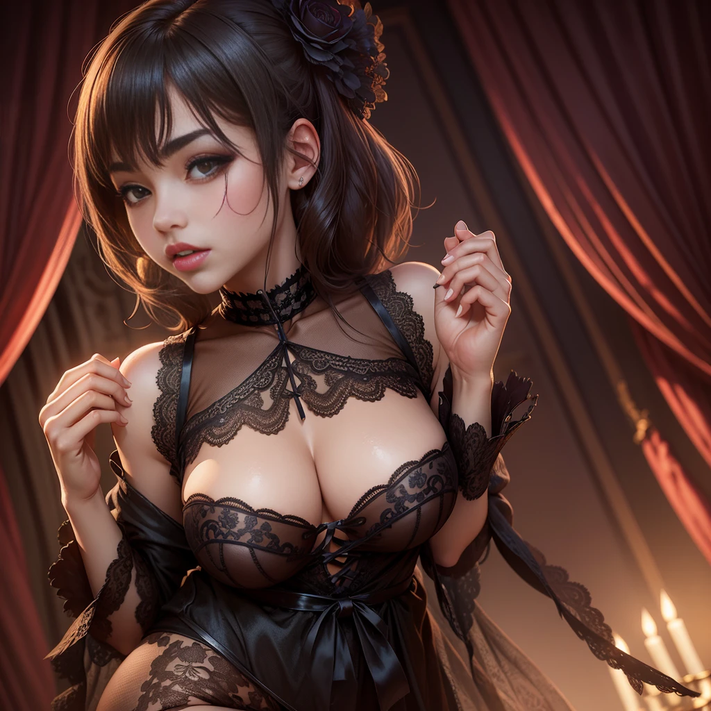 sexy_attirecaucasian, (waist to head portrait), (solo:1.8) 1girl wearing lace lingerie, nsfw, sensuality:1.4, Lust:1.4,edgTemptation,(subtle nudity:0.8)
