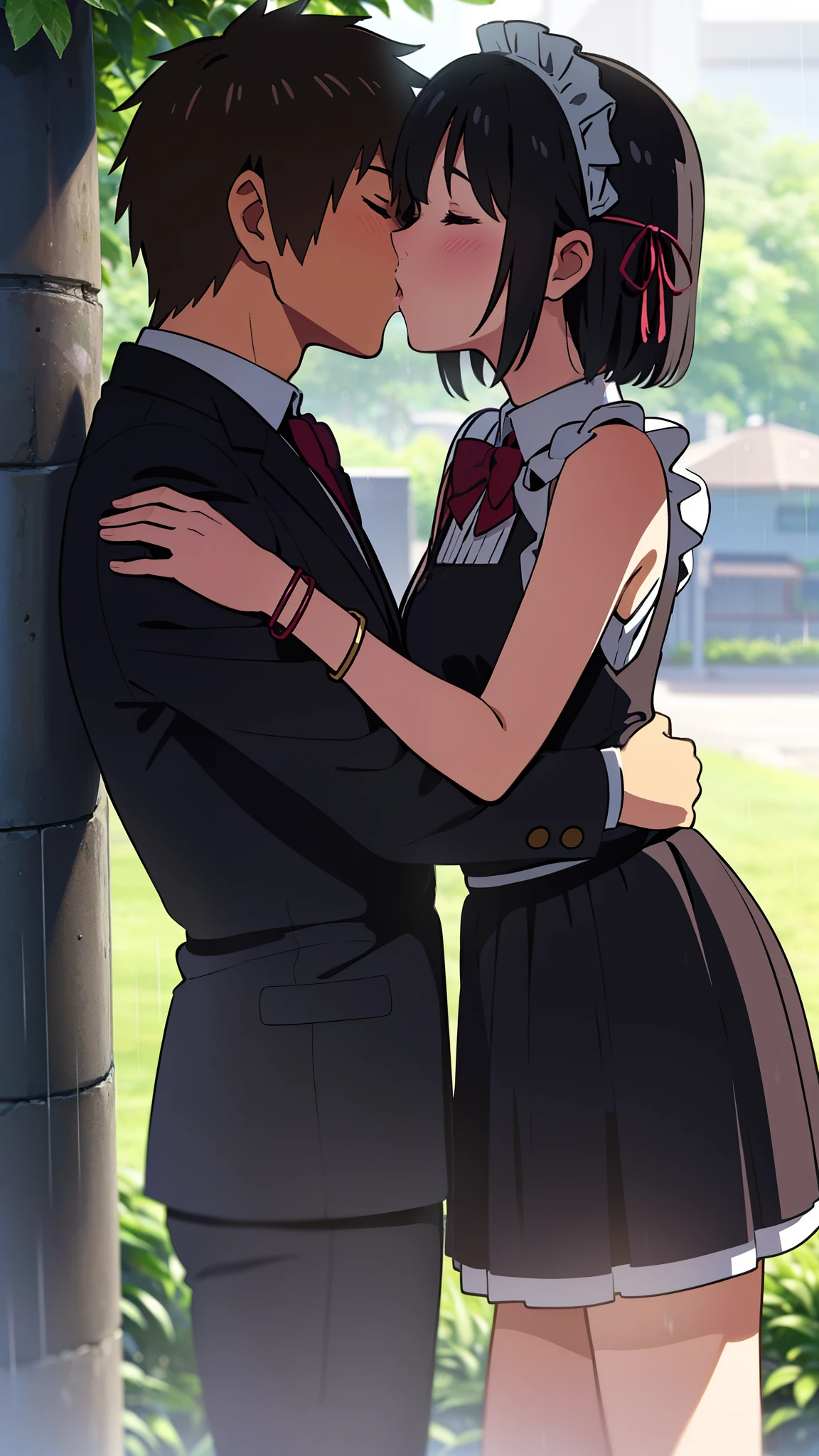 shinkai makoto, kimi no na wa., 1girl, 1boy, bangs, black hair, blush, (boy wear Suspender Clothes), ((girl wear maid dress, short dress, short skirt, maid headdress), bow, ribbon, short hair, cute, love, couple, adorable, Off-the-shoulders, dating, (((kiss, deep kiss))), closed eyes, bracelet, passionate hug, under a tree and it rains