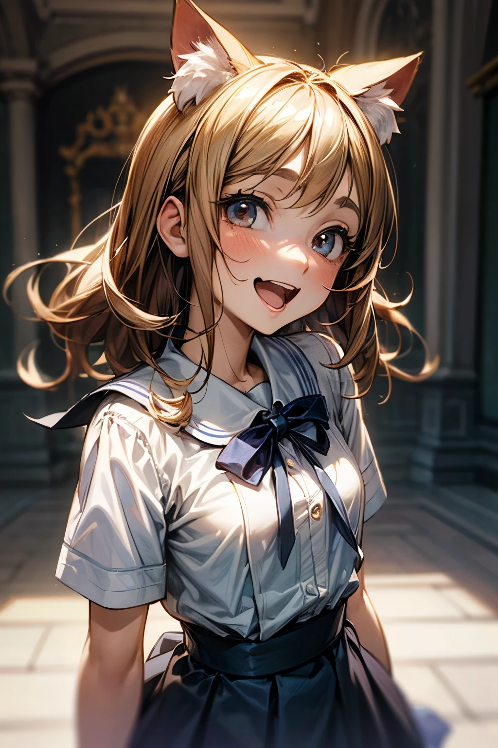 ((Masterpiece)), (Anime:1.5), ((best quality)), (Professional Photography:1.3), (High Definition), (RAW photo:1.2), (12 years old), 8K, cowboy shot, cinematic lighting, portlate, (Very unruly hair), Glossy skin, (Walking happily), In front of Cinderella's Castle, (slightly exposed small breast), (pure white school uniform), (perfectly round eyes:1.5), Slender body, small breasts, Open mouth, (laughing face) Textured skin, Cat ears, Pale brown hair, Cute Beautiful Girl, (looking up:1.3),