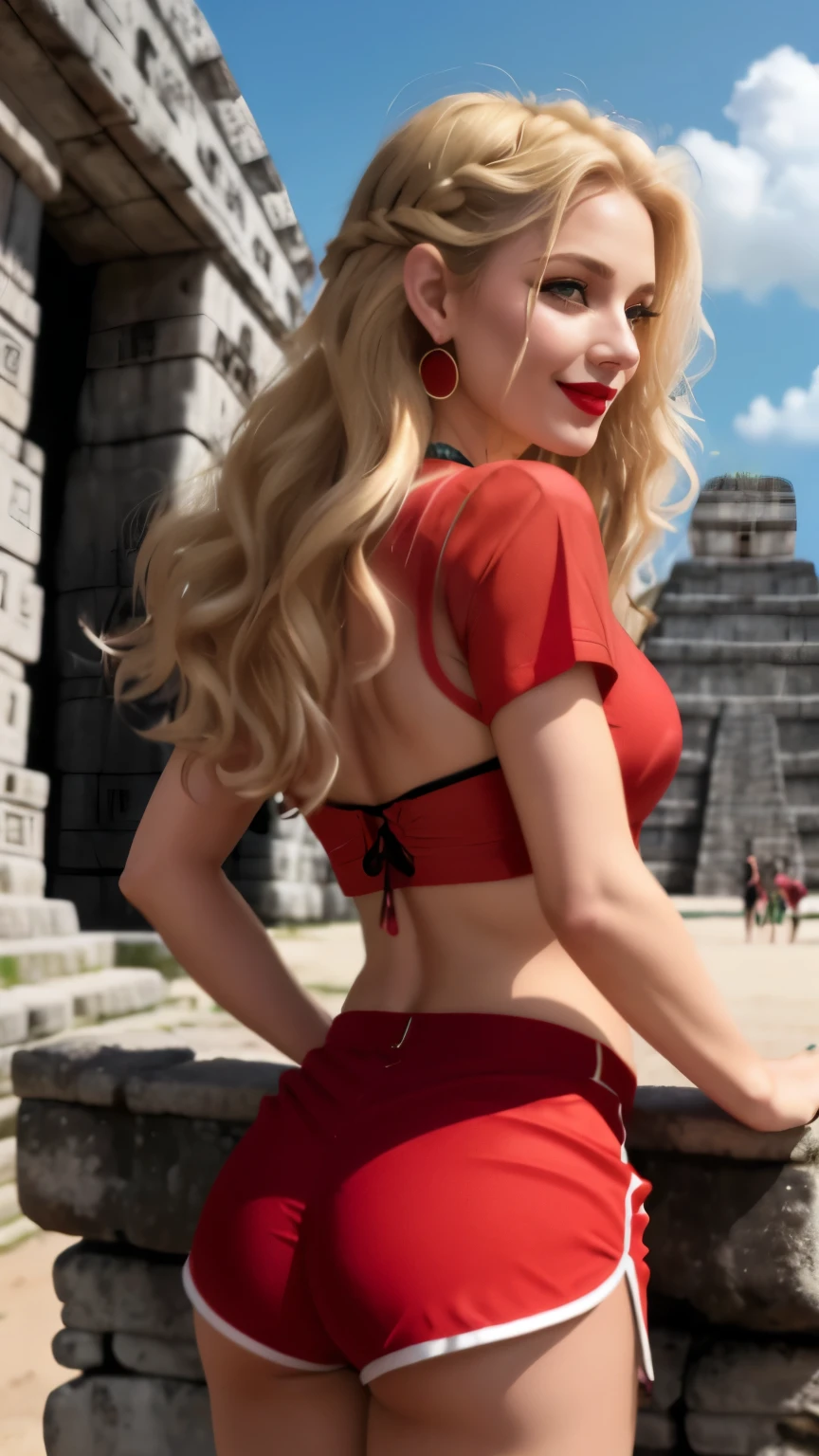 Caucasian woman, blonde hair, wavy hair, long hair, braided hair, green eyes, lined eyes, dark red lipstick, smile, athletic body, small breasts, red blouse, red lycra shorts, earrings, necklace, pyramid in the background from ((Chichen Itza)), from behind, defined buttocks, shot from behind.