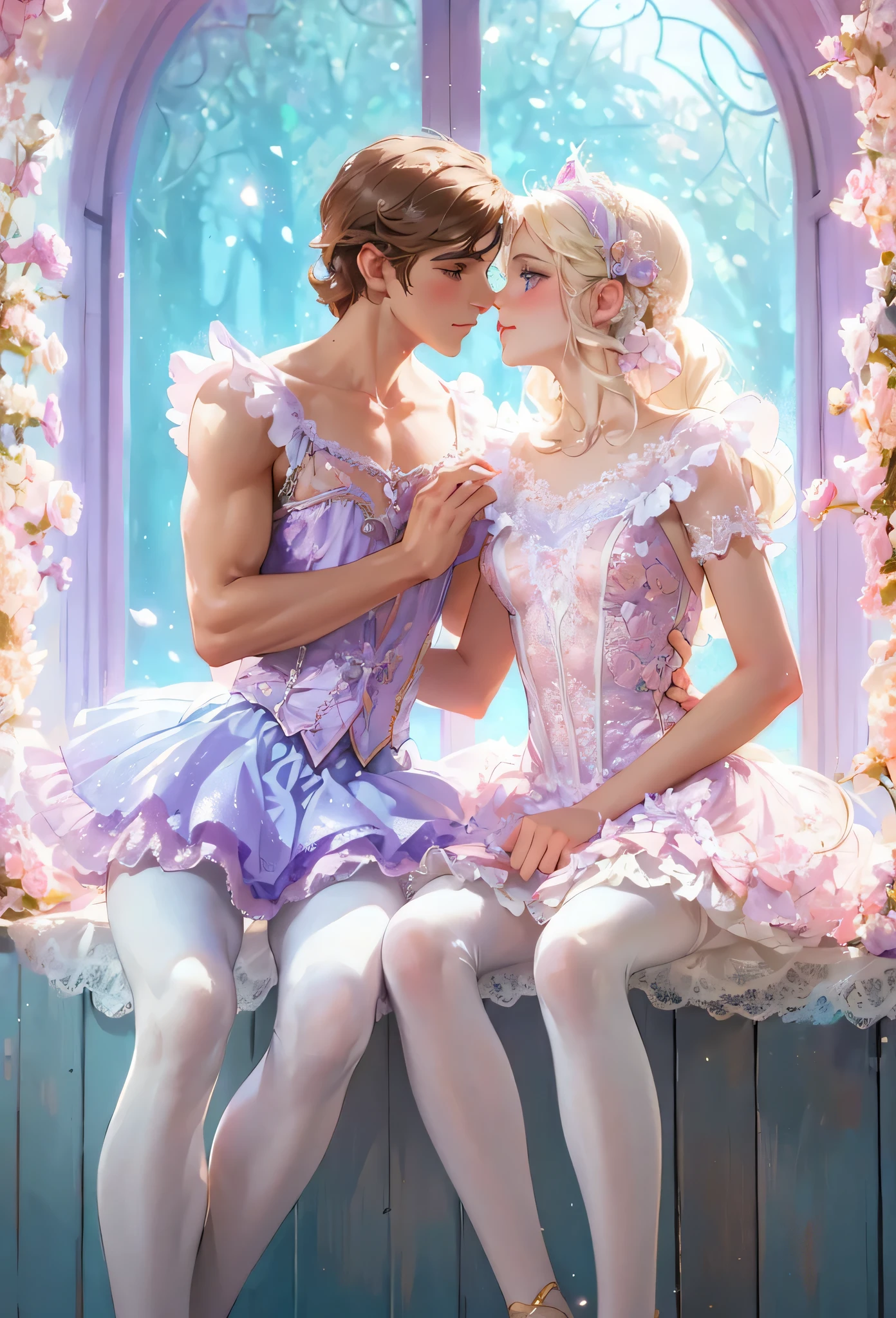 there are a man and woman dressed in ballerina costumes sitting on a window sill, konstantin razumov, very magical and dreamy, dreamy and romantic, romance novel cover, in pastel colors, anime barbie in white stockings, natalie shau, fantasy fairytale story, lovely couple, romantic storybook fantasy, by Marie Bashkirtseff, tuomas korpi and wlop