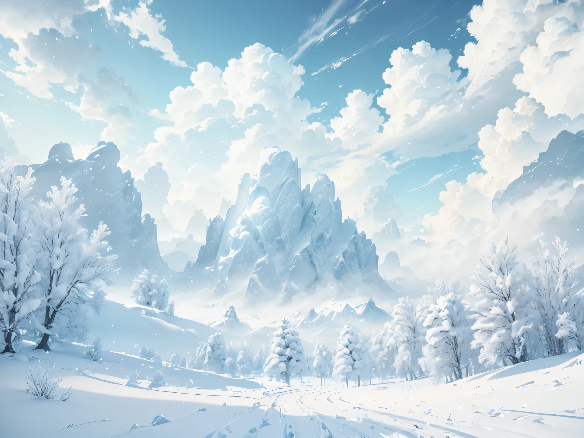 (extremely detailed CG unity 8k wallpaper, masterpiece, best quality, ultra-detailed), luminosity +1.5, floating, high saturation, a serene, a clear, blue sky, and white, fluffy clouds, meadow with trees covered in snow