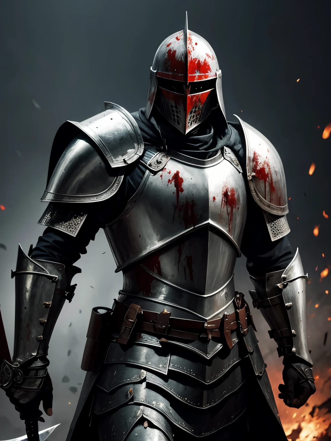 A knight emerging from battle covered in blood with armor commanding respect and frightening