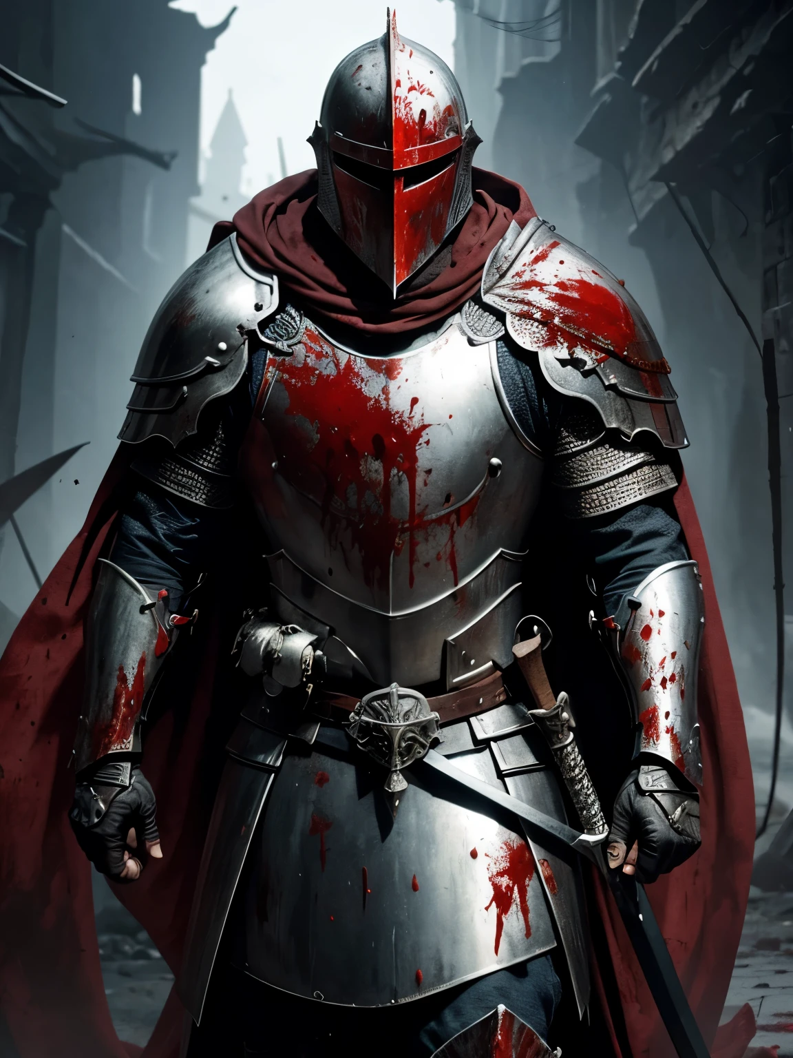 A knight emerging from battle covered in blood with armor commanding respect and frightening