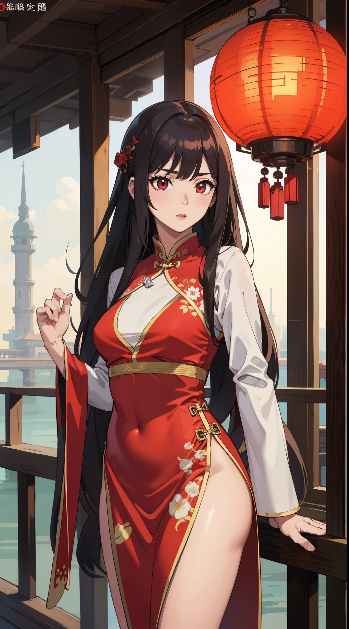 ((masutepiece, Best Quality)), ((hight resolution)), (photos realistic), Best Shadow, high detailing, Very detailed, (nice hand, Perfect hands), (Face Focus:1.2), ((1girl)), Beautiful Girl, 25 years old, blue eyes, (purple long Hair:1.5), (normal breasts:1.3), (Smile:1.3), Glossy white skin, (view from front), (Very slender:1.3), (Cute face:1.3), (look at viewer:1.4), detailed facial features,droopy eyes, Crisp focus, perfect beautiful body and face, Perfectly focused, (standing:1.4), Long bangs, (in the night china downtown:1.4), ((red luxury china dress:1.4)), (enchanting smile:1.5), windy, gold bracelet, chignon, lean forward