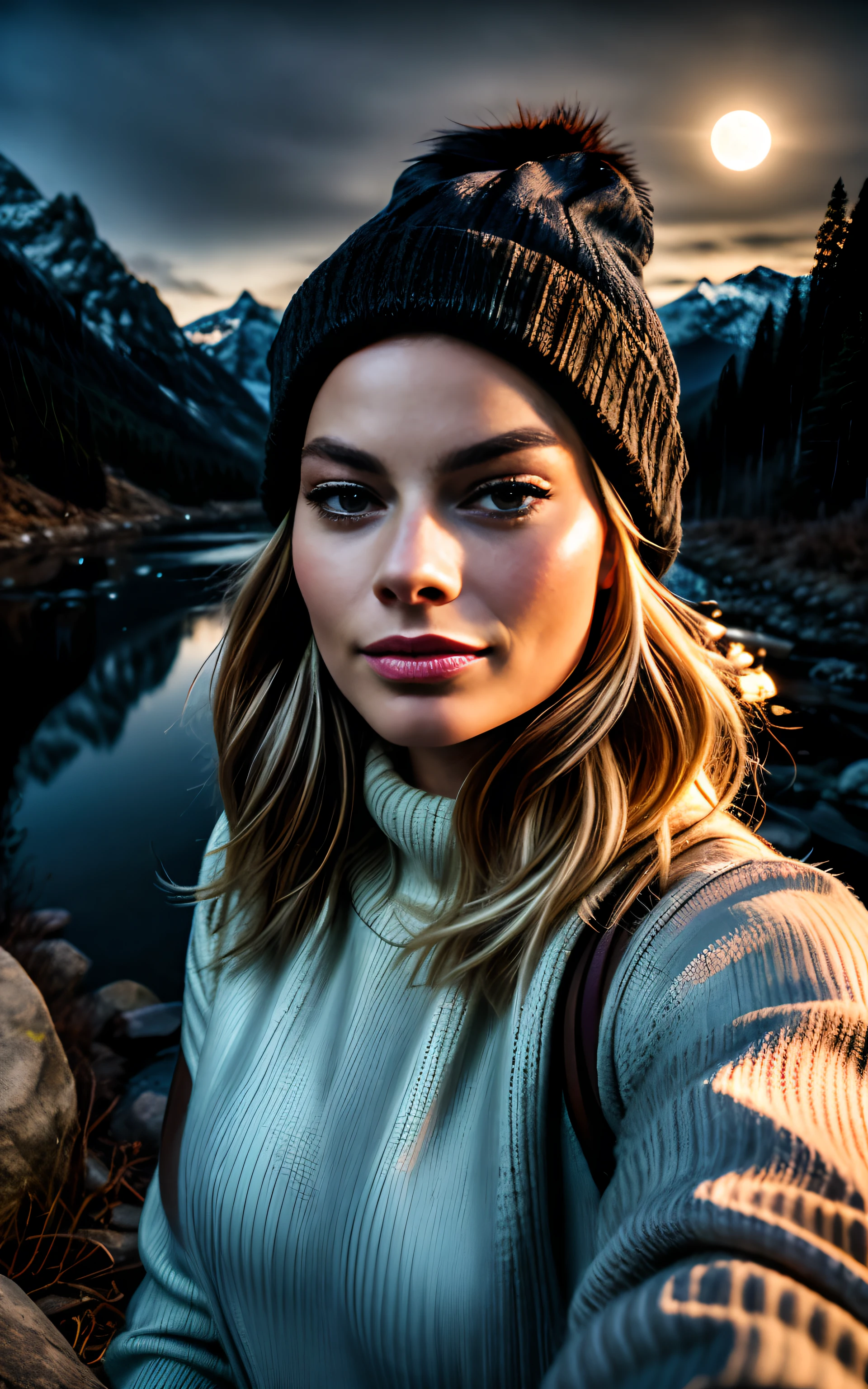 Margot Robbie, fotorrealista, melhor qualidade, hiper detalhado, Mulher bonita, foto selfie, tronco, Sozinho, wearing pullover, ao ar livre, (noite), montanhas, natureza da vida real, estrelas, Lua, (alegre, feliz), saco de dormir, luvas, sweater, gorro, lanterna, floresta, pedras, rio, Madeira, smoke, fog, clear sky, analog style, olhando para o espectador, textura da pele, film grain, fechar-se, ultra high resolution, melhor sombra, CRU, instagram LUT