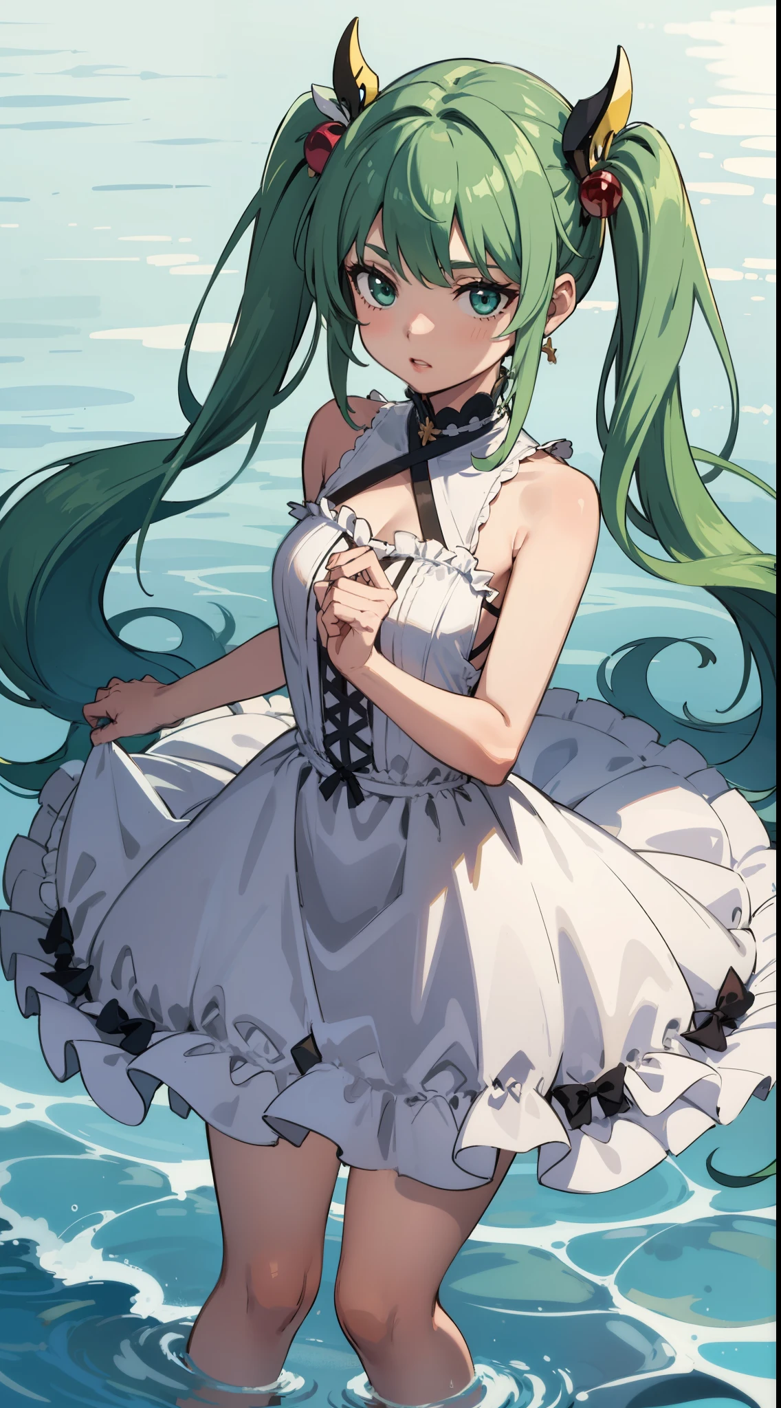 1girl, solo, hair ornament, green hair, twintails, long hair, dress, water