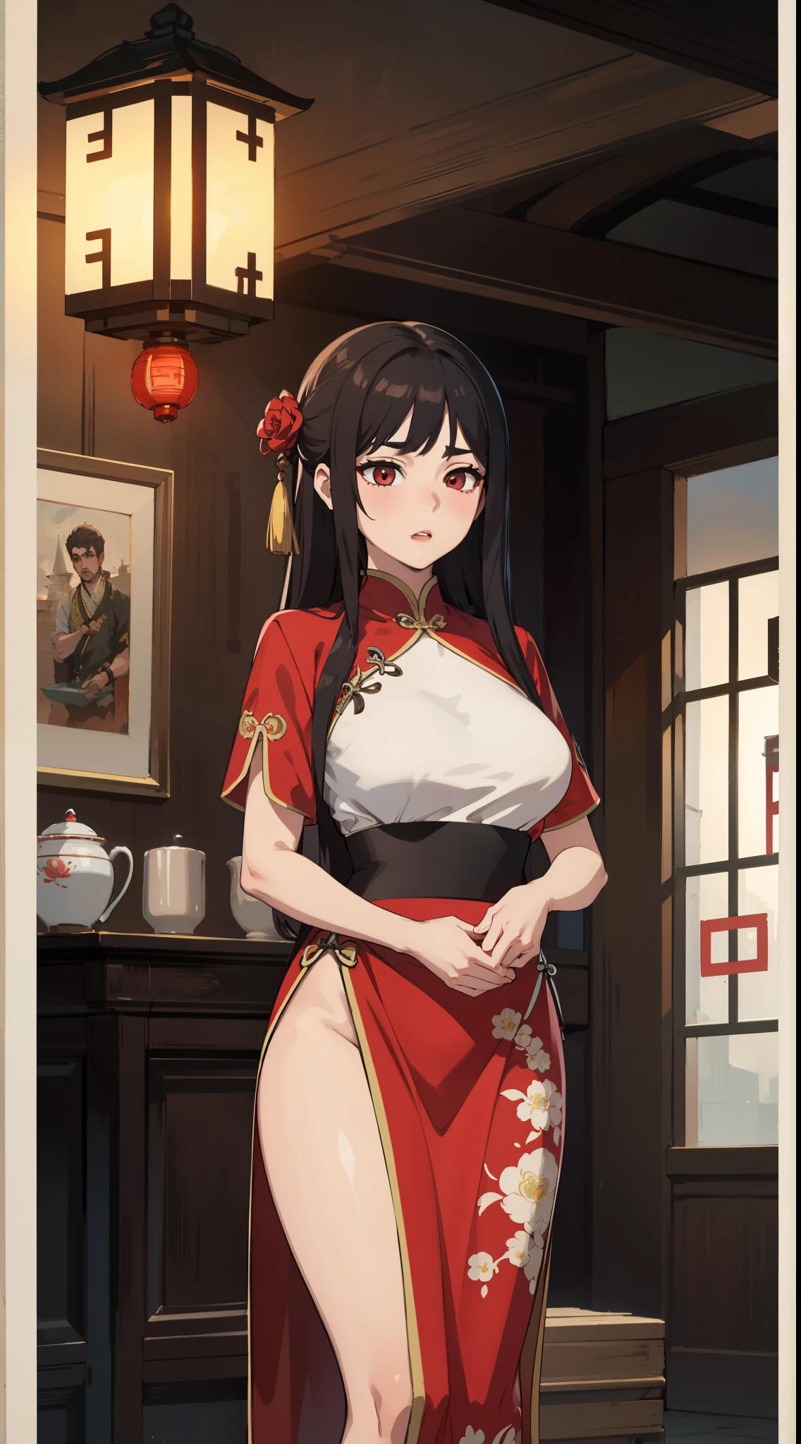 8k, Masterpiece Best Quality, Women, Man, (Gentle Shape), perfect face, hanfu dress, sexy, fascinating, thin fabric chinese dress, tower, red lantern tower,