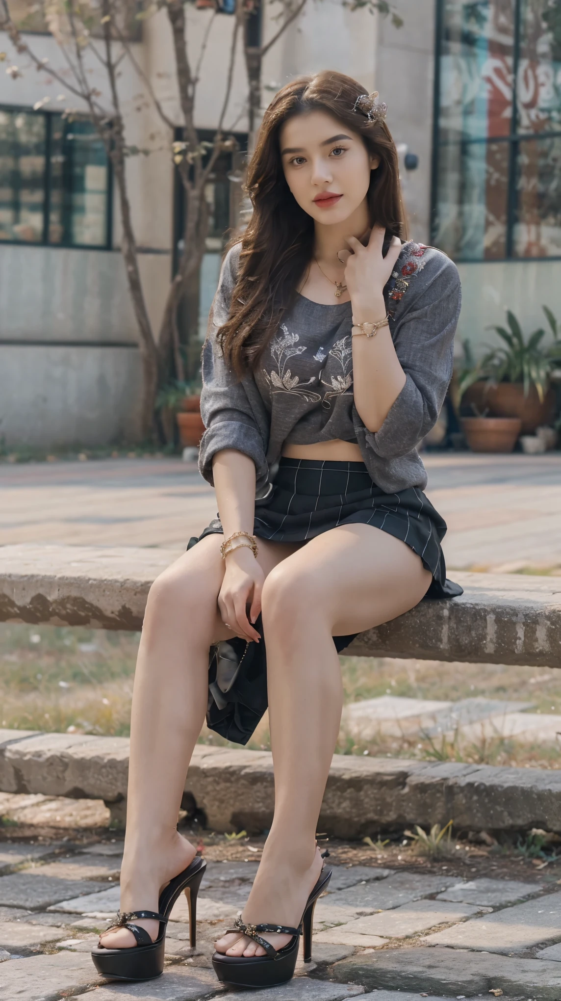 (full body shot:1.5), (Masterpiece:1.1), (legs spread), ((sitting on stones:0.8)), girl sitting on stones, spread legs, (perfect legs:0.8), 1girl, 20 year old girl, ultra realistic face, hyperrealistic, hyperdetailed, sharpen, detailed face, detailed eyes, detailed lips, red lips, beautiful face, 16k, FHD, raw photo, pretty face mesh, chaubey face, (many people background), (beautiful hair style), (shirts and skirts, ultra realistic skirts, beautiful colours skirts), intricate, extremely detailed, ultra realistic texture, smooth skin, realistic face, red lip, glow face, very_high_resolution, (fancy high heel), ((full ornaments, neck ornaments, hands ornament, arms ornaments, hair ornaments)), beautiful girl in Indian outfits,