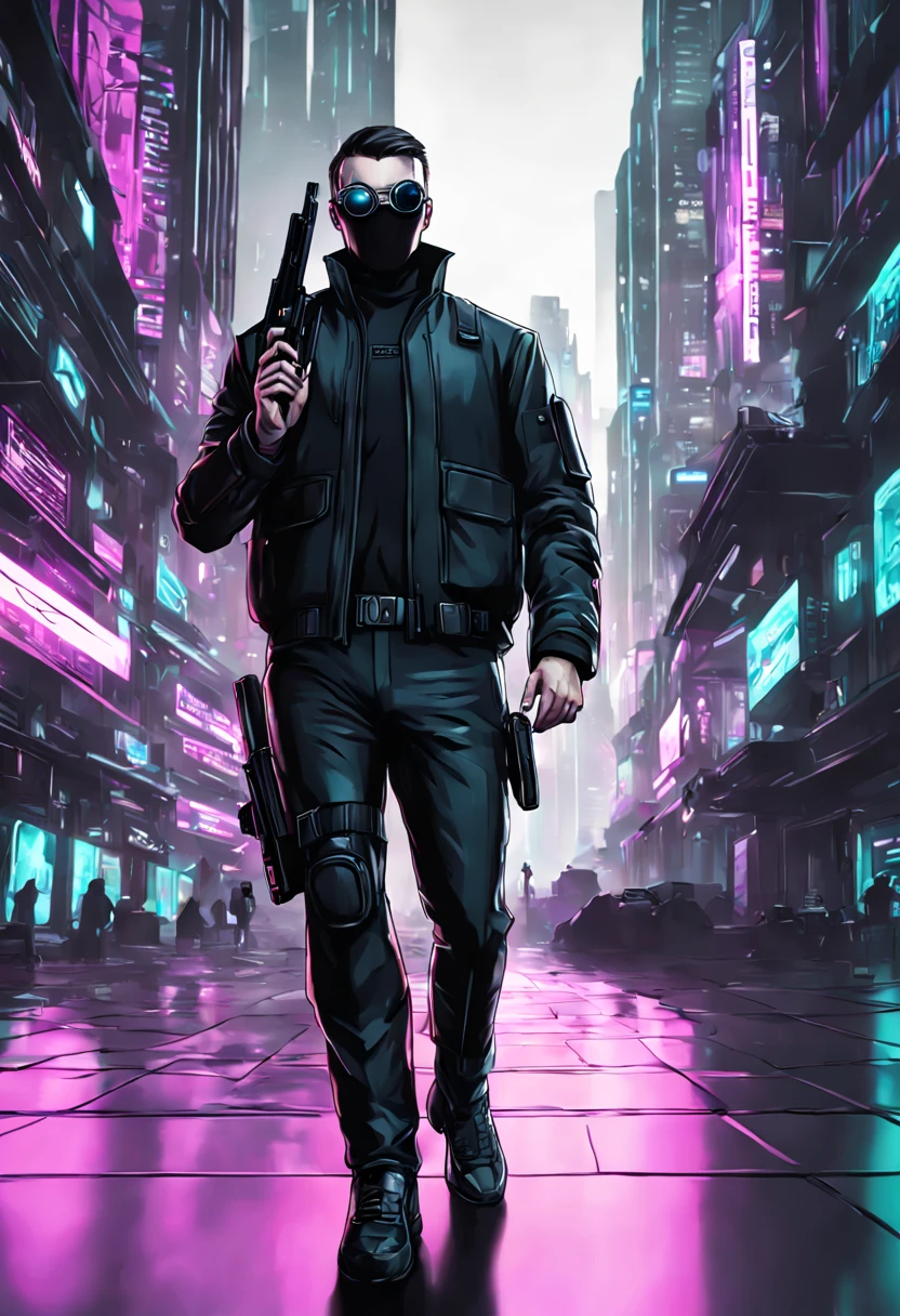 Digital painting of a {(((secret agent's face))), {(((one eye is looking towards camera but face is away))), {(((holding a silenced pistol in his hand and finger on trigger))), cyberpunk clothing, futuristic city background}}, volumetric lighting, ambient occlusion, professional photograph, highly detailed