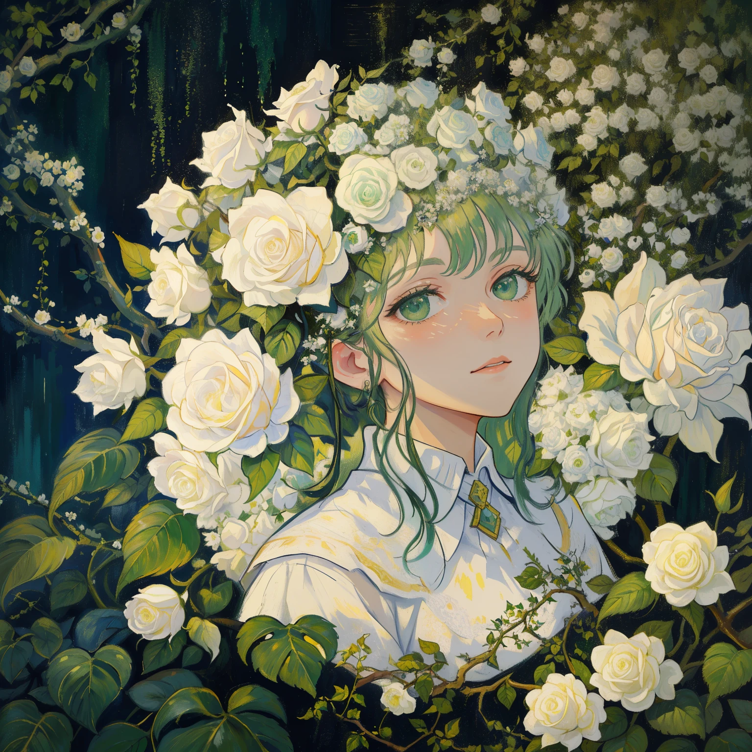 picture of a white rose in a green vase with leaves, inspired by Hermann Rydisyuli, Close view, high quality detail, depth detail, a detailed painting, broad detail, close up view, close up view, detail, intricate oil painting detail, very fine detail and texture, Painting by Vincent Van Gogh, Drawn in high resolution