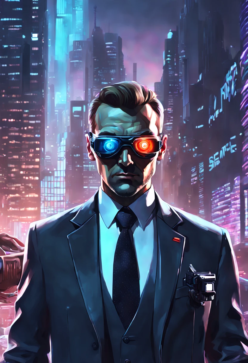 Digital painting of a {(((secret agent's face))), {(((one eye is looking towards camera but face is away))), {(((holding a silenced pistol in his hand and finger on trigger))), cyberpunk clothing, futuristic city background}}, volumetric lighting, ambient occlusion, professional photograph, highly detailed