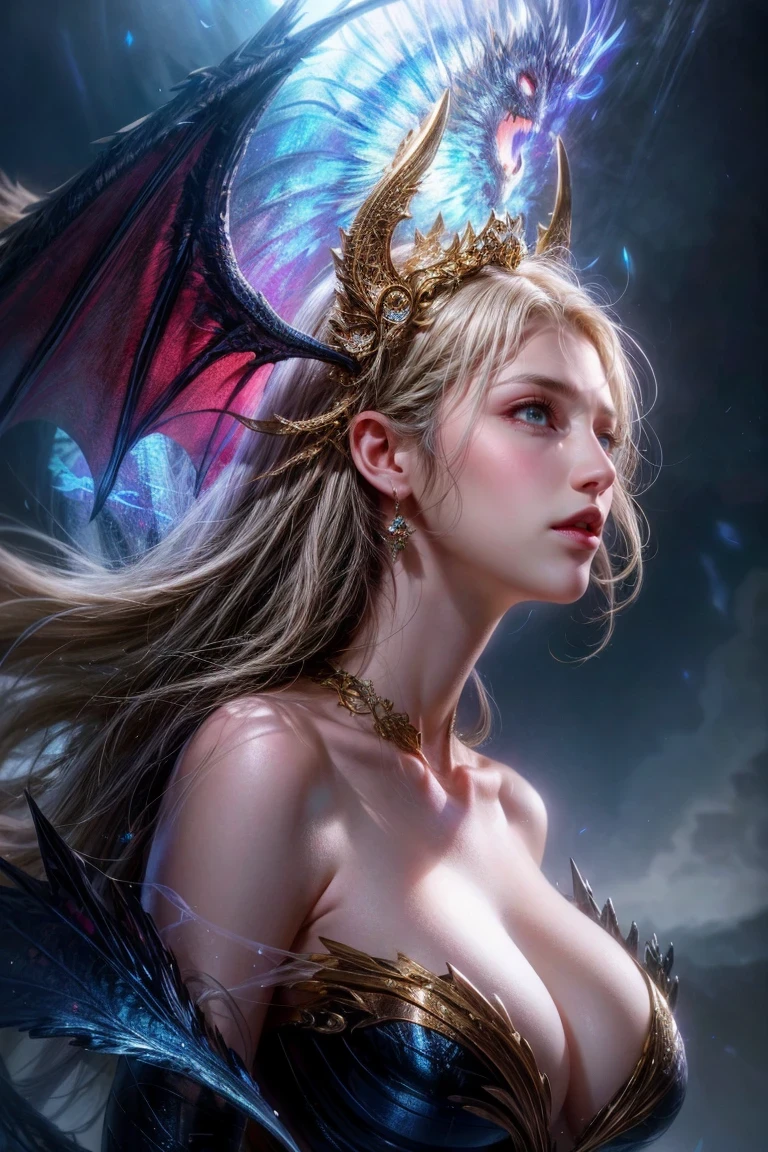 dragon girl, glowing scales, majestic wings, flowing mane, ethereal background, mystical atmosphere, Colorful, complex patterns, atmosphere, ultra high resolution, (lifelike:1.4), original photo,16k,dramatic lighting,