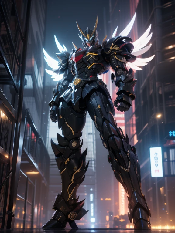 1 giant robot, Mazinger Z, Go Nagai, aesthetic artwork, ((open head for glider position)), yellow eyes, full body, ((black and silver super mazinger robot armor with blue forearms and calves, detail intricate, high level of detail)), ((two red metal zetas on the chest)), ((red super huge mechanical glider wings)), (extremely detailed 8K wallpaper), full body, soft lighting, high quality, film grain, sharp focus fujifilm XT3, f 5.6, 50 mm, high level of detail, sharp focus, complex details