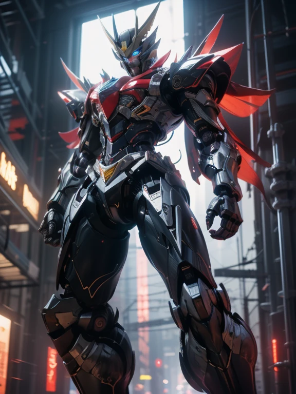 1 giant robot, Mazinger Z, Go Nagai, aesthetic artwork, ((open head for glider position)), yellow eyes, full body, ((black and silver super mazinger robot armor with blue forearms and calves, detail intricate, high level of detail)), ((two red metal zetas on the chest)), ((red super huge mechanical glider wings)), (extremely detailed 8K wallpaper), full body, soft lighting, high quality, film grain, sharp focus fujifilm XT3, f 5.6, 50 mm, high level of detail, sharp focus, complex details