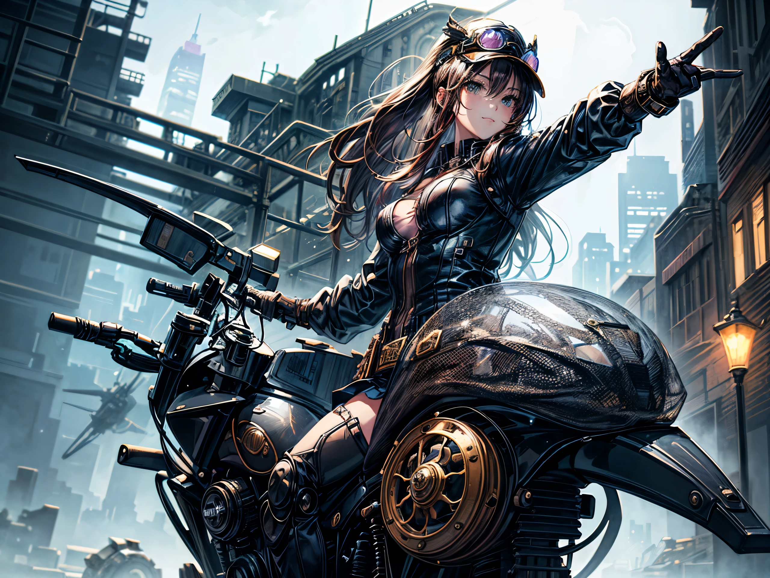 (comic book style),(line drawing_anime),(cowboy shot, highest quality, ),(Laura Budd Photo:1.2),(Laura Add Details:1.0),8k, flat color:0.8,(1 girl,smile 1.5)、(1 Riding a steampunk style bike.5)、(classic style bike 1.5)、(Highly decorative and complex mechanical steampunk fashion, lace flare dolphin hat、(goggles 1.5)、machinery background、Gear background、Complex mechanized steampunk cityscape 1.5),