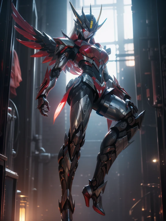1 giant robot, Mazinger Z, Go Nagai, aesthetic artwork, ((open head for glider position)), yellow eyes, full body, ((black and silver super mazinger robot armor with blue forearms and calves, detail intricate, high level of detail)), ((two red metal zetas on the chest)), ((red super huge mechanical glider wings)), (extremely detailed 8K wallpaper), full body, soft lighting, high quality, film grain, sharp focus fujifilm XT3, f 5.6, 50 mm, high level of detail, sharp focus, complex details