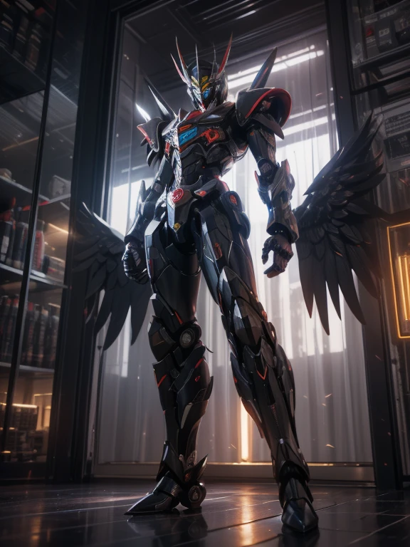1 giant robot, Mazinger Z, Go Nagai, aesthetic artwork, ((open head for glider position)), yellow eyes, full body, ((black and silver super mazinger robot armor with blue forearms and calves, detail intricate, high level of detail)), ((two red metal zetas on the chest)), ((red super huge mechanical glider wings)), (extremely detailed 8K wallpaper), full body, soft lighting, high quality, film grain, sharp focus fujifilm XT3, f 5.6, 50 mm, high level of detail, sharp focus, complex details