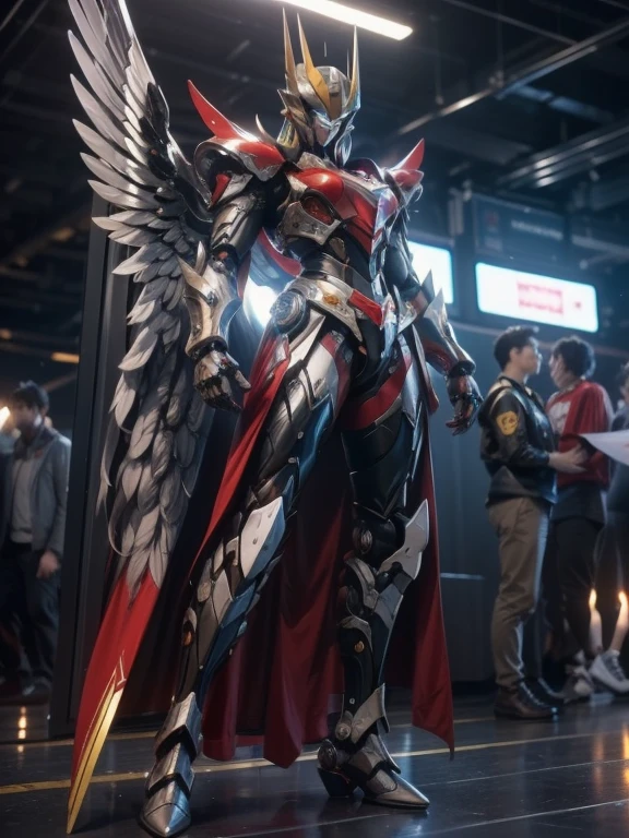 1 giant robot, Mazinger Z, Go Nagai, aesthetic artwork, ((open head for glider position)), yellow eyes, full body, ((black and silver super mazinger robot armor with blue forearms and calves, detail intricate, high level of detail)), ((two red metal zetas on the chest)), ((red super huge mechanical glider wings)), (extremely detailed 8K wallpaper), full body, soft lighting, high quality, film grain, sharp focus fujifilm XT3, f 5.6, 50 mm, high level of detail, sharp focus, complex details
