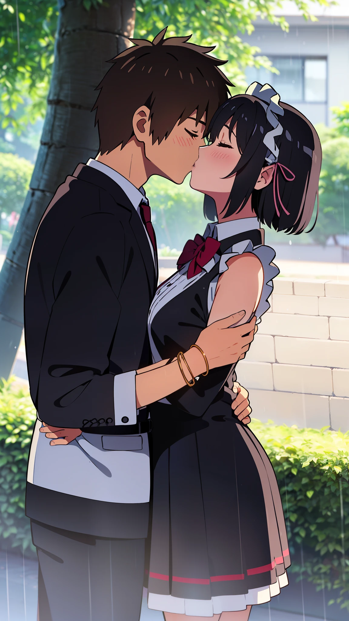 shinkai makoto, kimi no na wa., 1girl, 1boy, bangs, black hair, blush, (boy wear Suspender Clothes), ((girl wear maid dress, short dress, short skirt, maid headdress), bow, ribbon, short hair, cute, love, couple, adorable, Off-the-shoulders, dating, (((kiss, deep kiss))), closed eyes, bracelet, passionate hug, under a tree and it rains