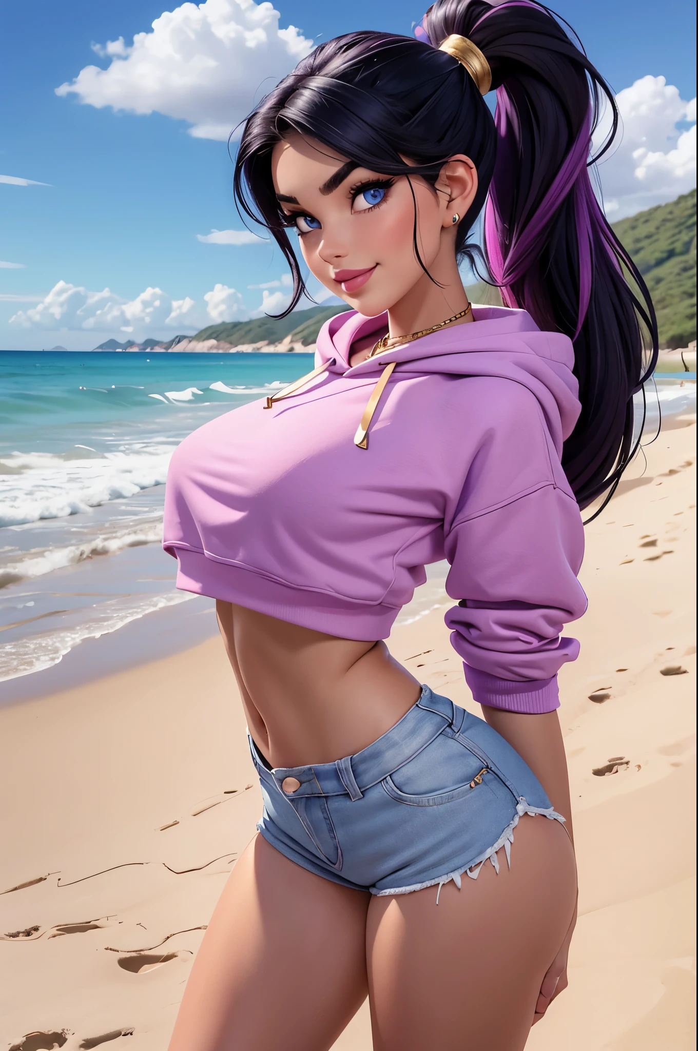 beautiful, 18 year old girl, slim body, (black hair [purple highlights]), blue eyes, pink lipstick, mascara, blush, beautiful eyebrows, white crop top hoodie, soft skin, gold necklace, ponytail, short shorts, smirk, on the beach, (full body shot), looking back at the viewer