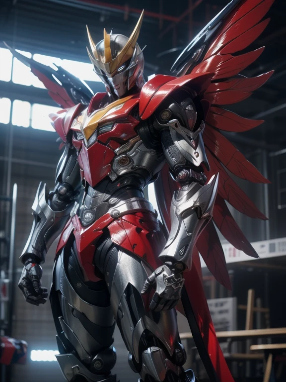 1 giant robot, Mazinger Z, Go Nagai, aesthetic artwork, ((open head for glider position)), yellow eyes, full body, ((black and silver super mazinger robot armor with blue forearms and calves, detail intricate, high level of detail)), ((two red metal zetas on the chest)), ((red super huge mechanical glider wings)), (extremely detailed 8K wallpaper), full body, soft lighting, high quality, film grain, sharp focus fujifilm XT3, f 5.6, 50 mm, high level of detail, sharp focus, complex details