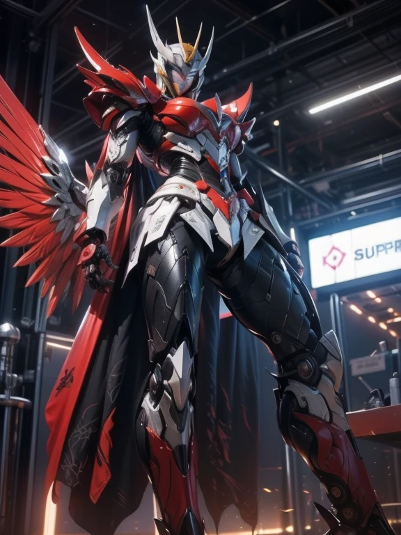 1 giant robot, Mazinger Z, Go Nagai, aesthetic artwork, ((open head for glider position)), yellow eyes, full body, ((black and silver super mazinger robot armor with blue forearms and calves, detail intricate, high level of detail)), ((two red metal zetas on the chest)), ((red super huge mechanical glider wings)), (extremely detailed 8K wallpaper), full body, soft lighting, high quality, film grain, sharp focus fujifilm XT3, f 5.6, 50 mm, high level of detail, sharp focus, complex details